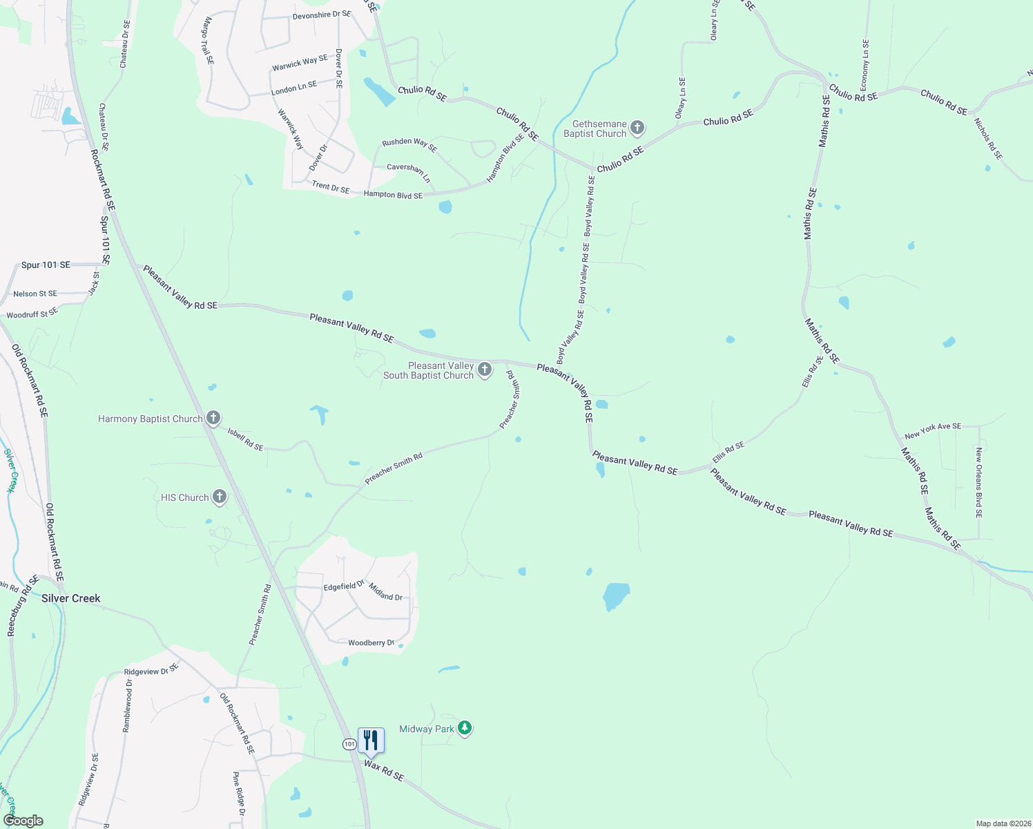 map of restaurants, bars, coffee shops, grocery stores, and more near 838 Preacher Smith Road in Silver Creek