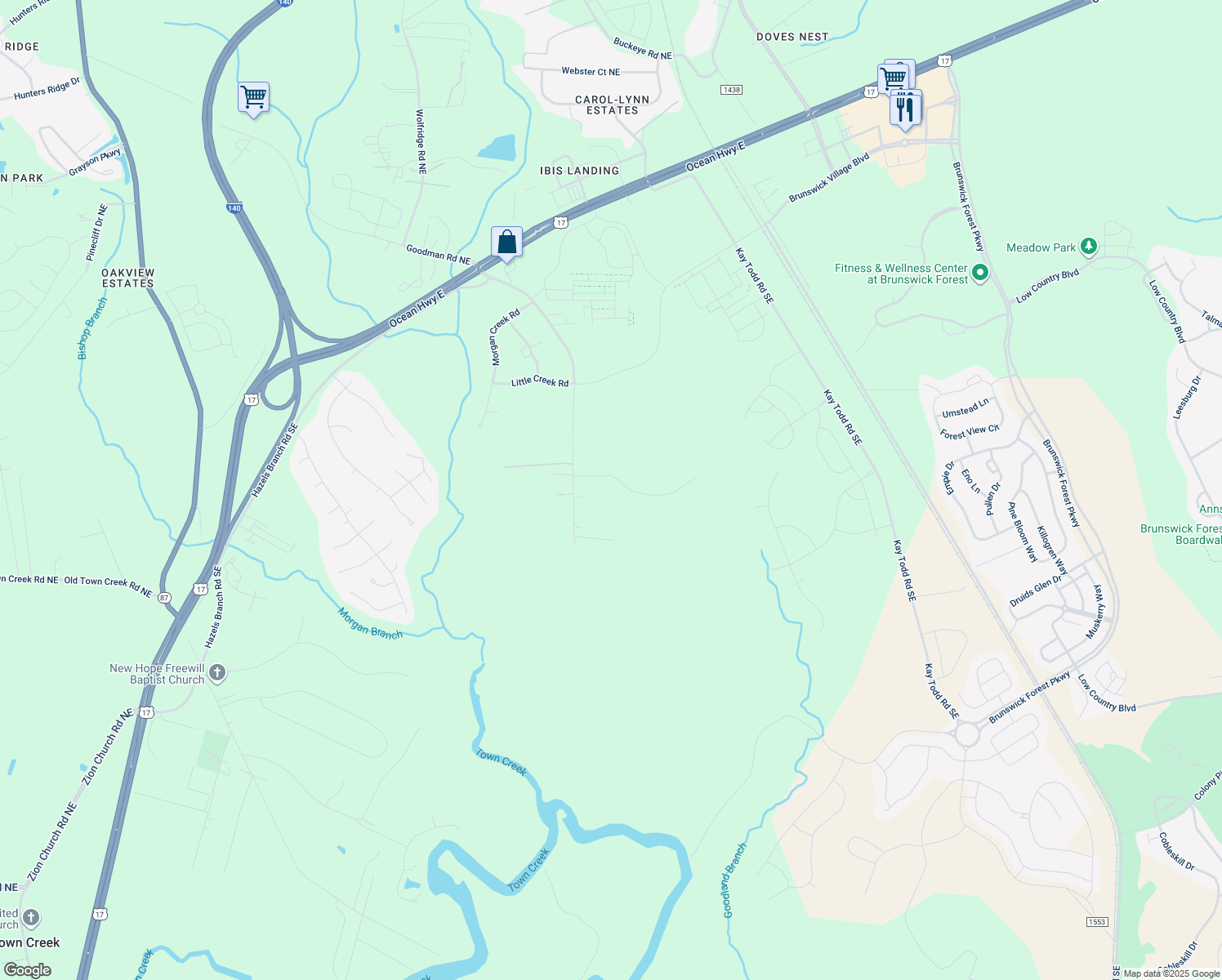 map of restaurants, bars, coffee shops, grocery stores, and more near 389 Burton Trail Southeast in Leland