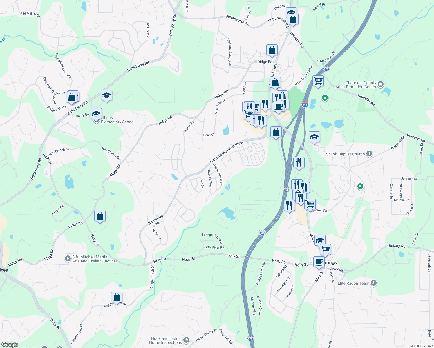map of restaurants, bars, coffee shops, grocery stores, and more near 116 Nacoochee Way in Canton