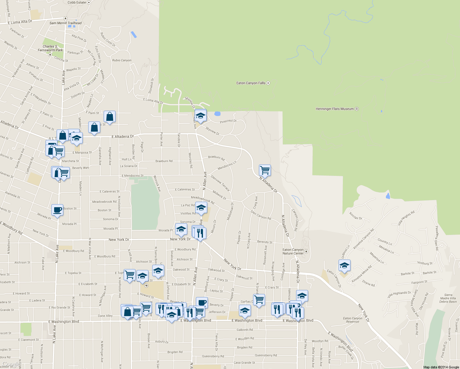 map of restaurants, bars, coffee shops, grocery stores, and more near 2297 Midlothian Drive in Altadena