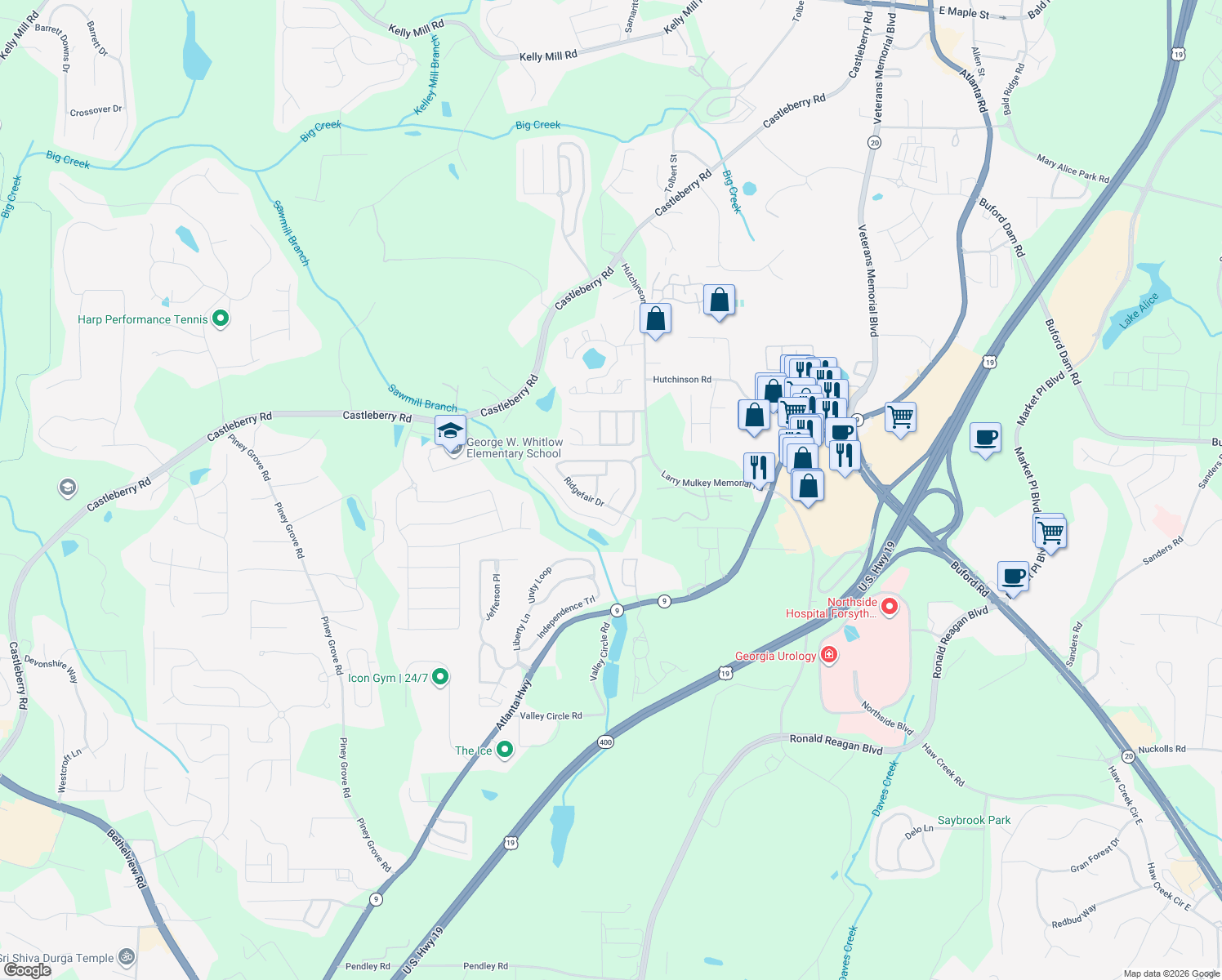map of restaurants, bars, coffee shops, grocery stores, and more near 4609 Whitfaire Court in Cumming