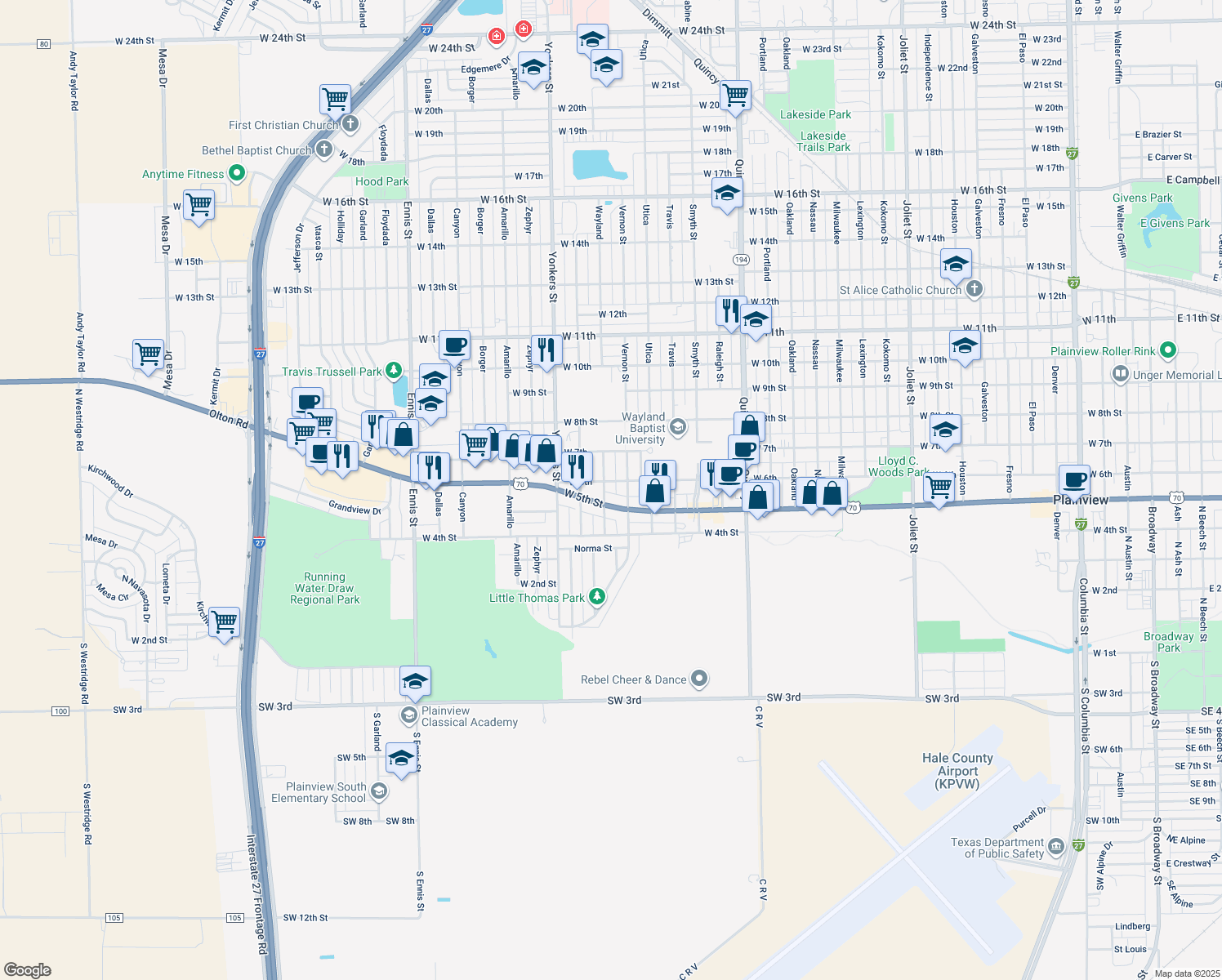 map of restaurants, bars, coffee shops, grocery stores, and more near 510 Wayland Street in Plainview