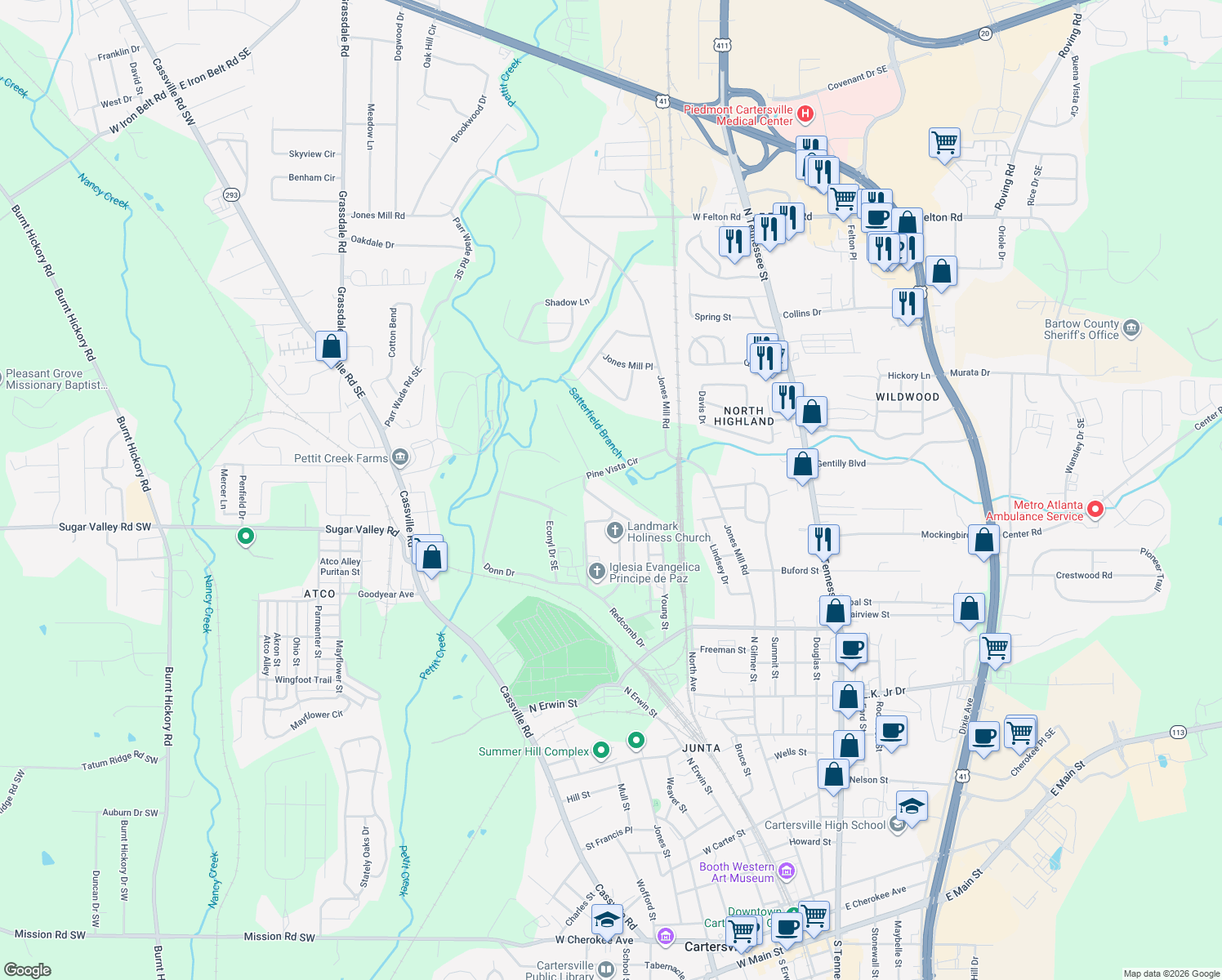 map of restaurants, bars, coffee shops, grocery stores, and more near 20 Jenny Ln in Cartersville