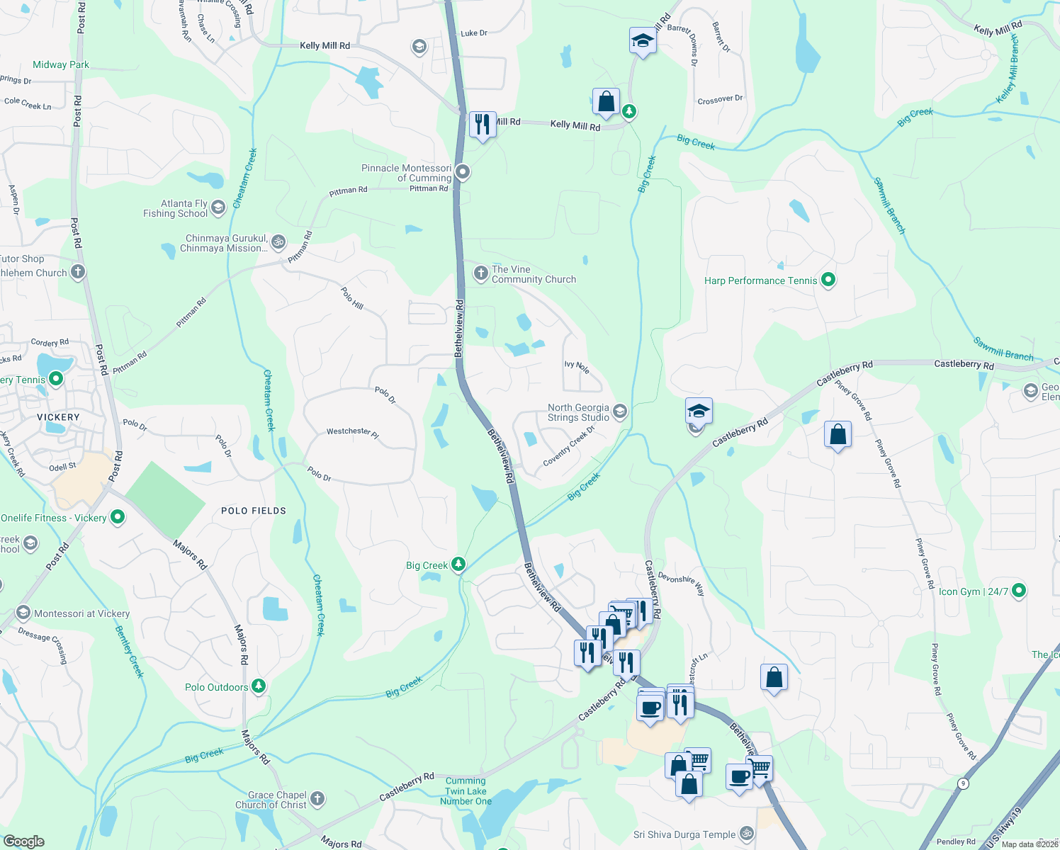 map of restaurants, bars, coffee shops, grocery stores, and more near 5209 Tudor Hills Ln in Cumming