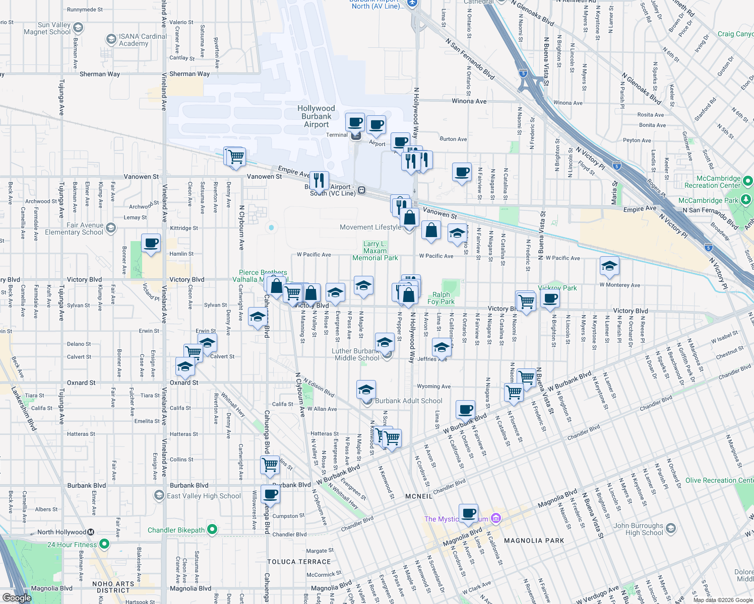 map of restaurants, bars, coffee shops, grocery stores, and more near 3721 W Victory Blvd in Burbank