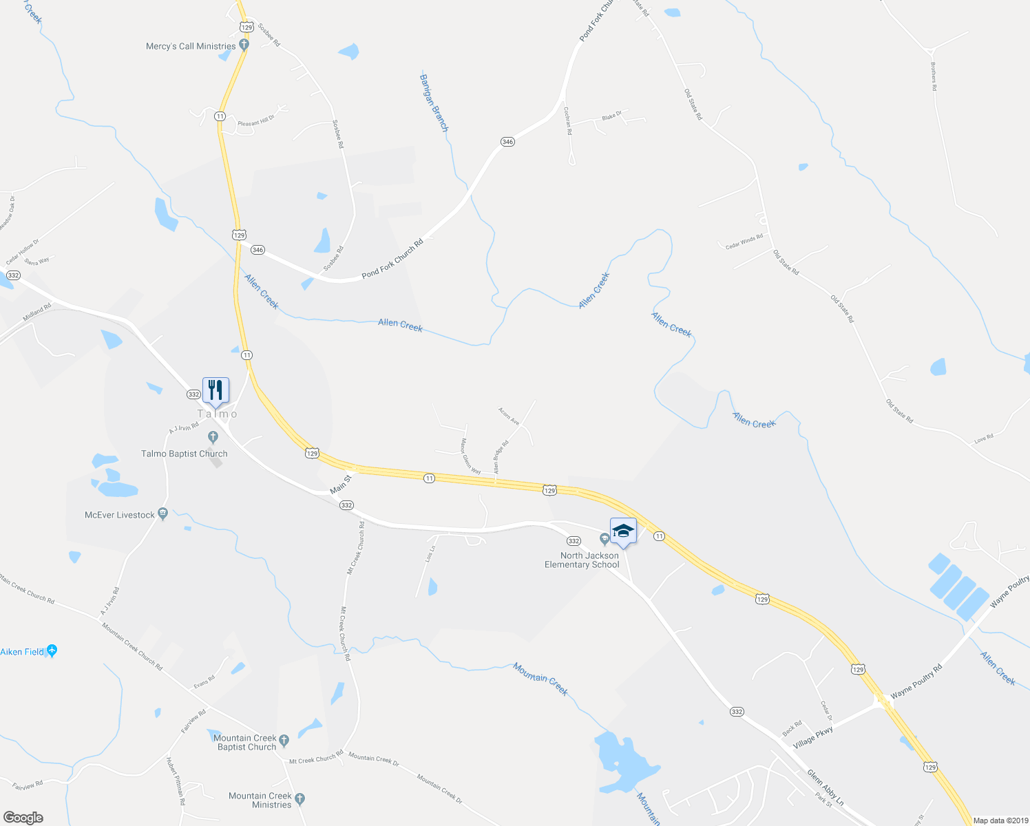 map of restaurants, bars, coffee shops, grocery stores, and more near 44 Acorn Avenue in Talmo