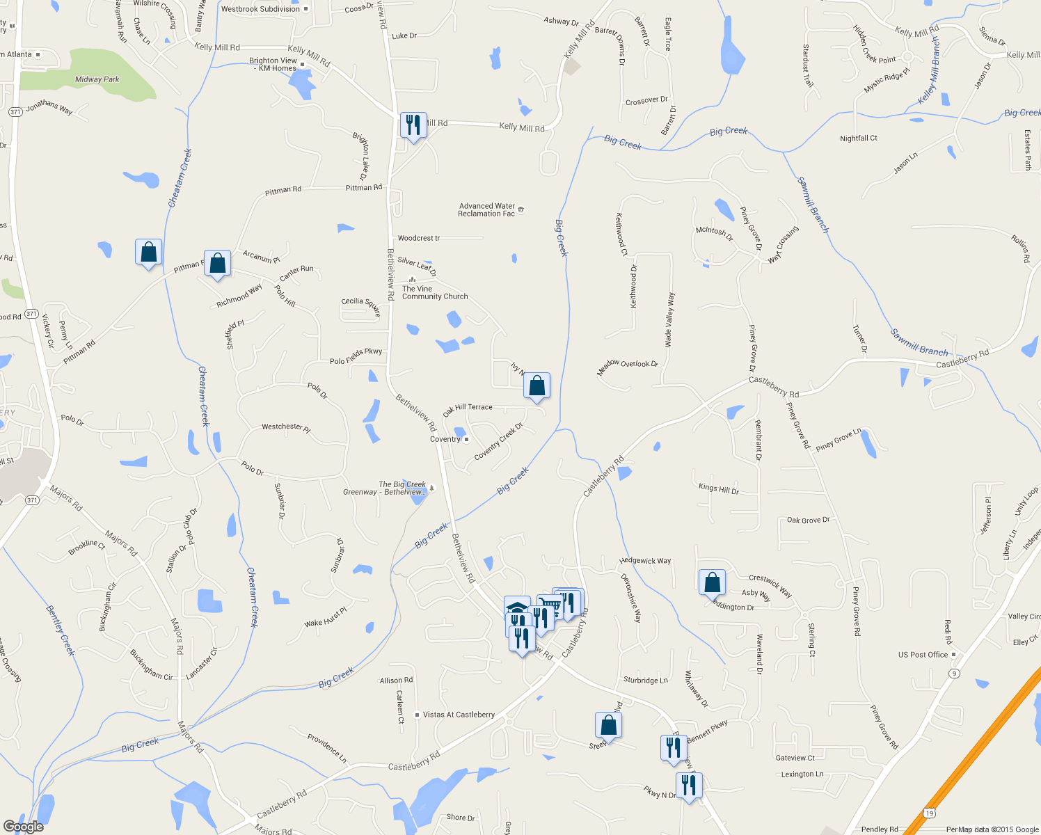 map of restaurants, bars, coffee shops, grocery stores, and more near 5315 Coventry Creek Dr in Cumming