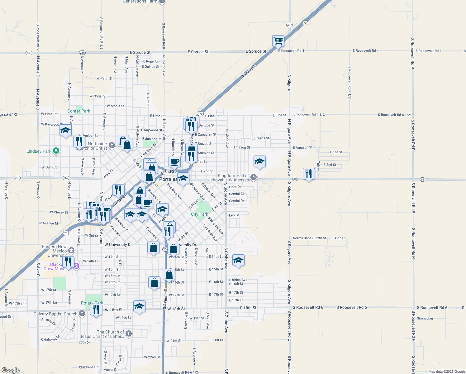 map of restaurants, bars, coffee shops, grocery stores, and more near 1112 Libra Drive in Portales