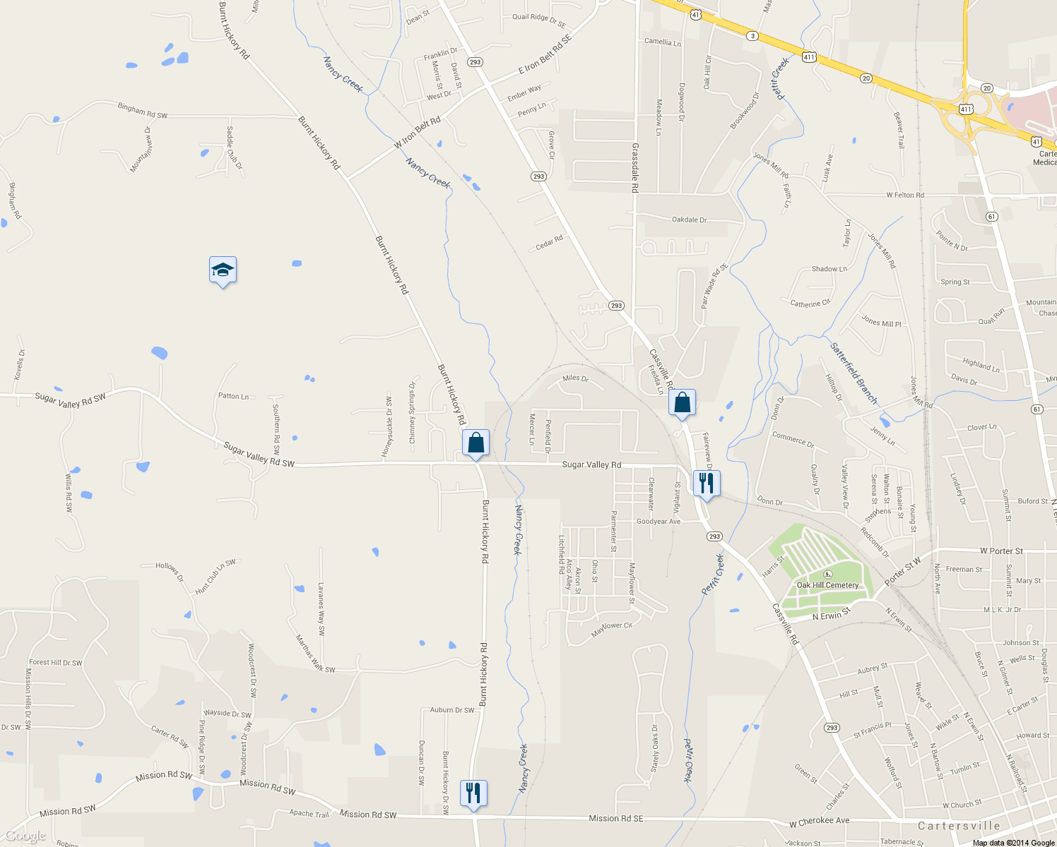 map of restaurants, bars, coffee shops, grocery stores, and more near 99 Mercer Ln in Cartersville