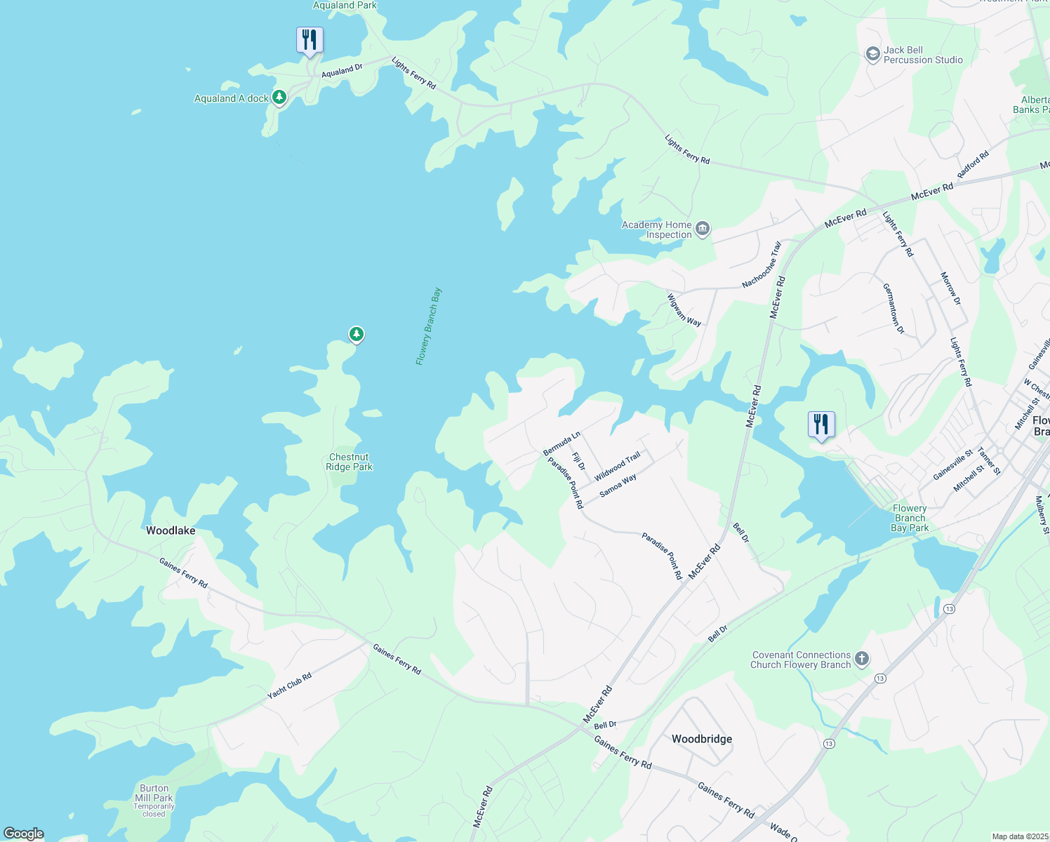 map of restaurants, bars, coffee shops, grocery stores, and more near 6499 Bluewaters Drive in Flowery Branch