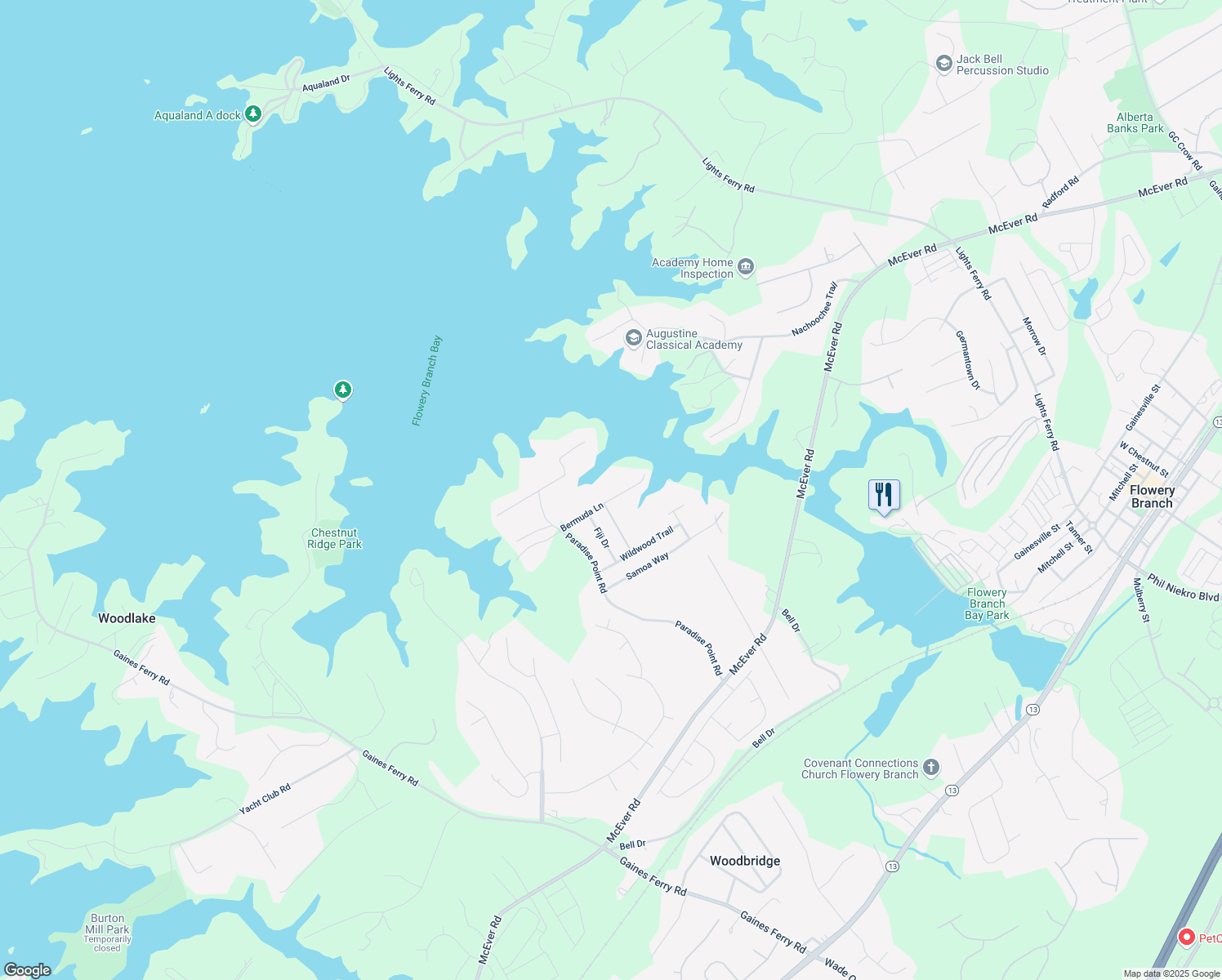 map of restaurants, bars, coffee shops, grocery stores, and more near 6551 Bermuda Lane in Flowery Branch