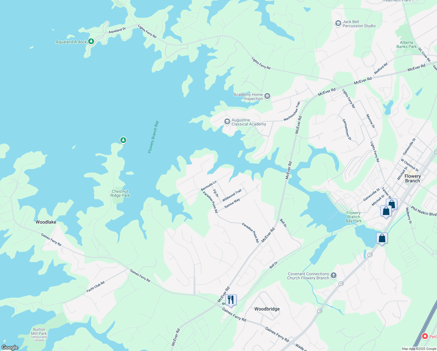 map of restaurants, bars, coffee shops, grocery stores, and more near 6551 Bermuda Lane in Flowery Branch