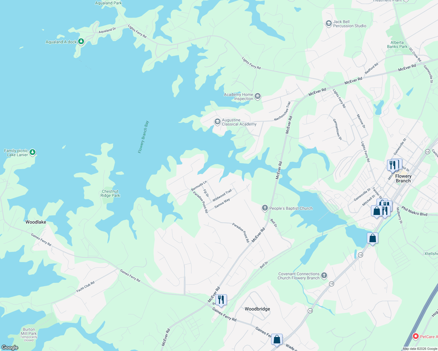 map of restaurants, bars, coffee shops, grocery stores, and more near 6566 Bermuda Lane in Flowery Branch