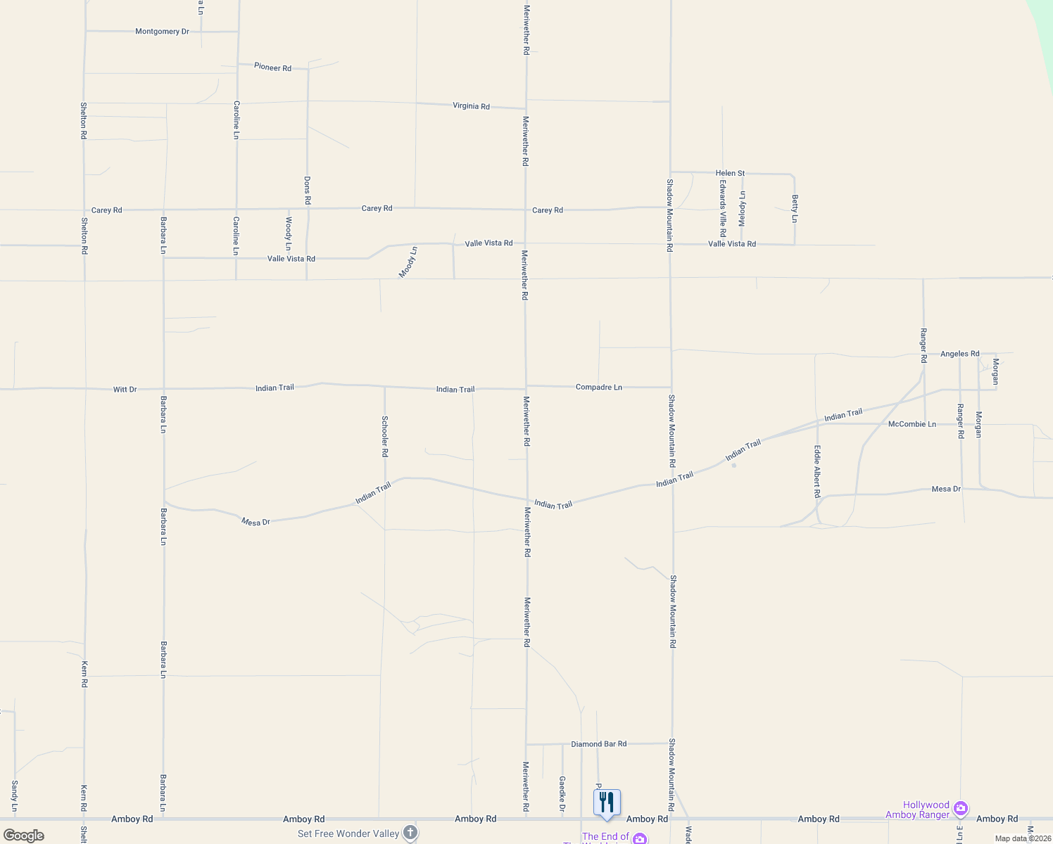map of restaurants, bars, coffee shops, grocery stores, and more near Meriwether Road in Twentynine Palms