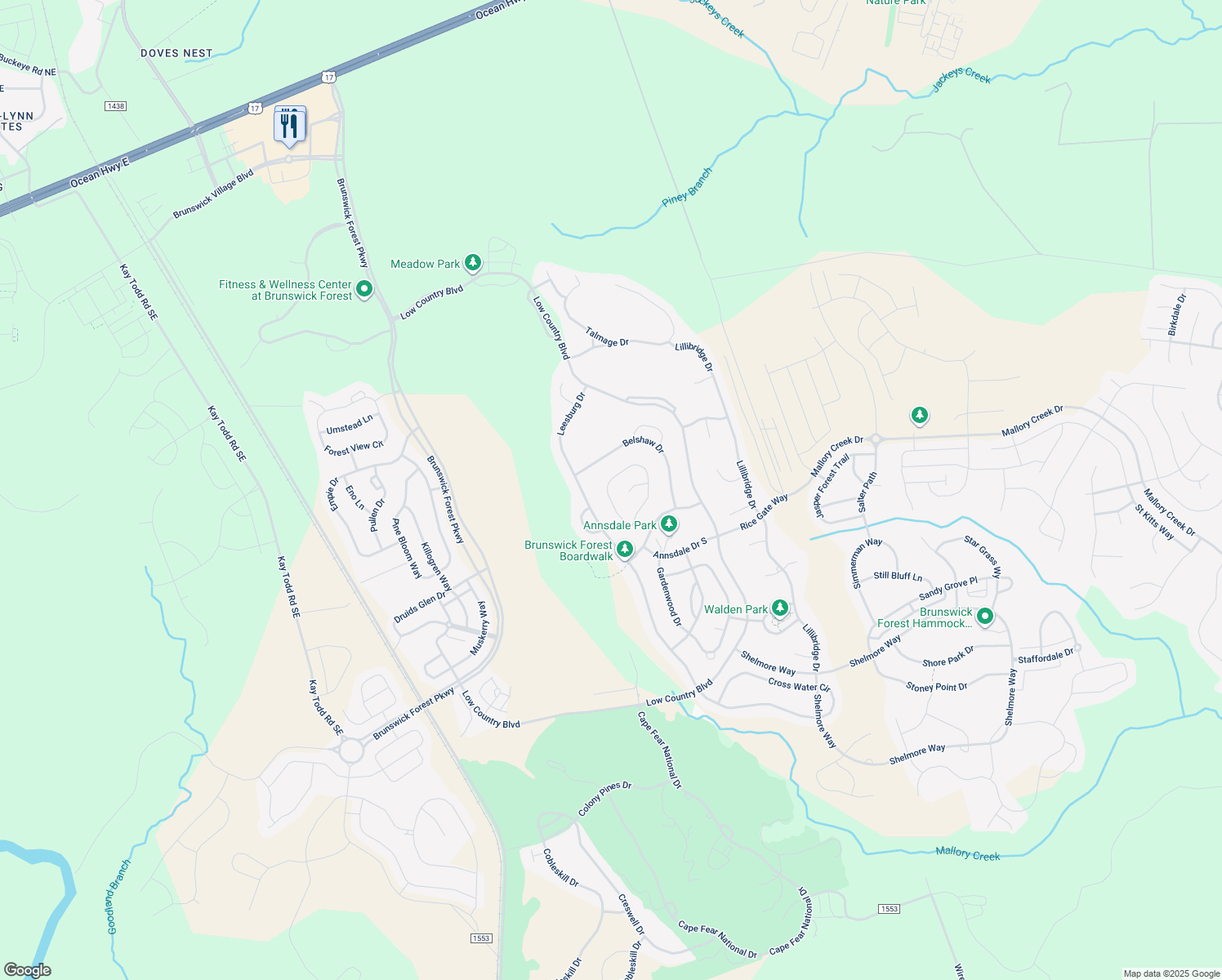 map of restaurants, bars, coffee shops, grocery stores, and more near 2224 Villamar Drive in Leland