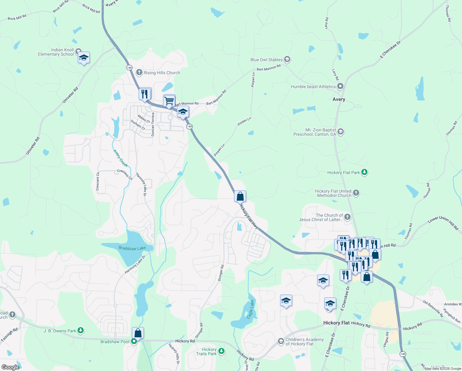 map of restaurants, bars, coffee shops, grocery stores, and more near 4921 Hickory Flat Highway in Canton