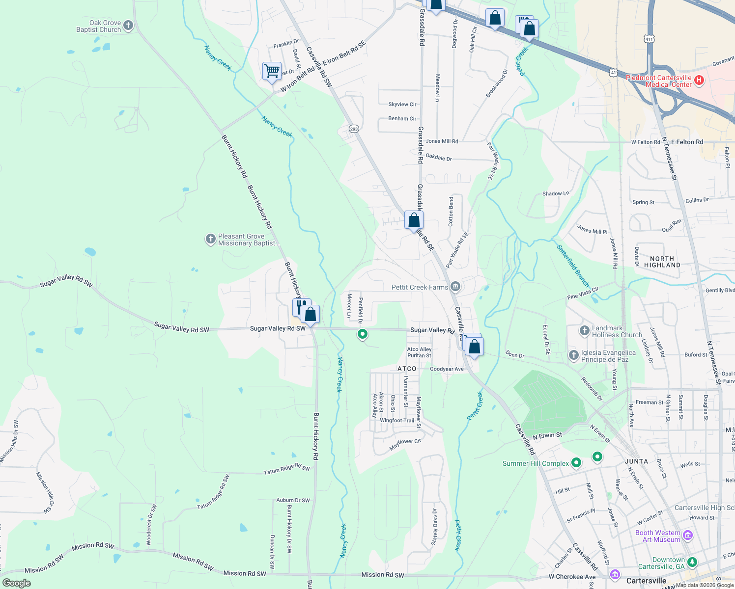 map of restaurants, bars, coffee shops, grocery stores, and more near 74 Mercer Lane in Cartersville