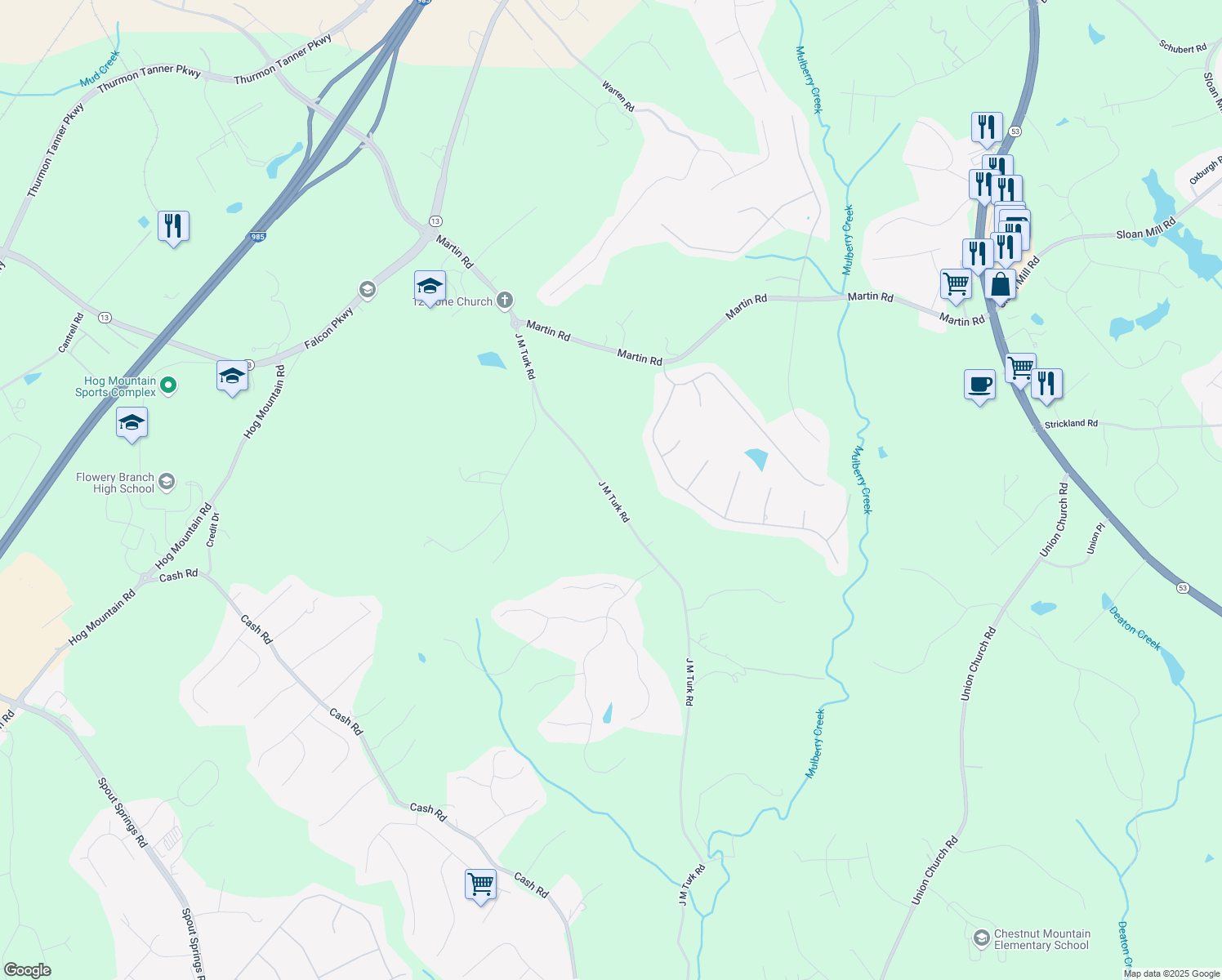 map of restaurants, bars, coffee shops, grocery stores, and more near 4437 J M Turk Road in Flowery Branch