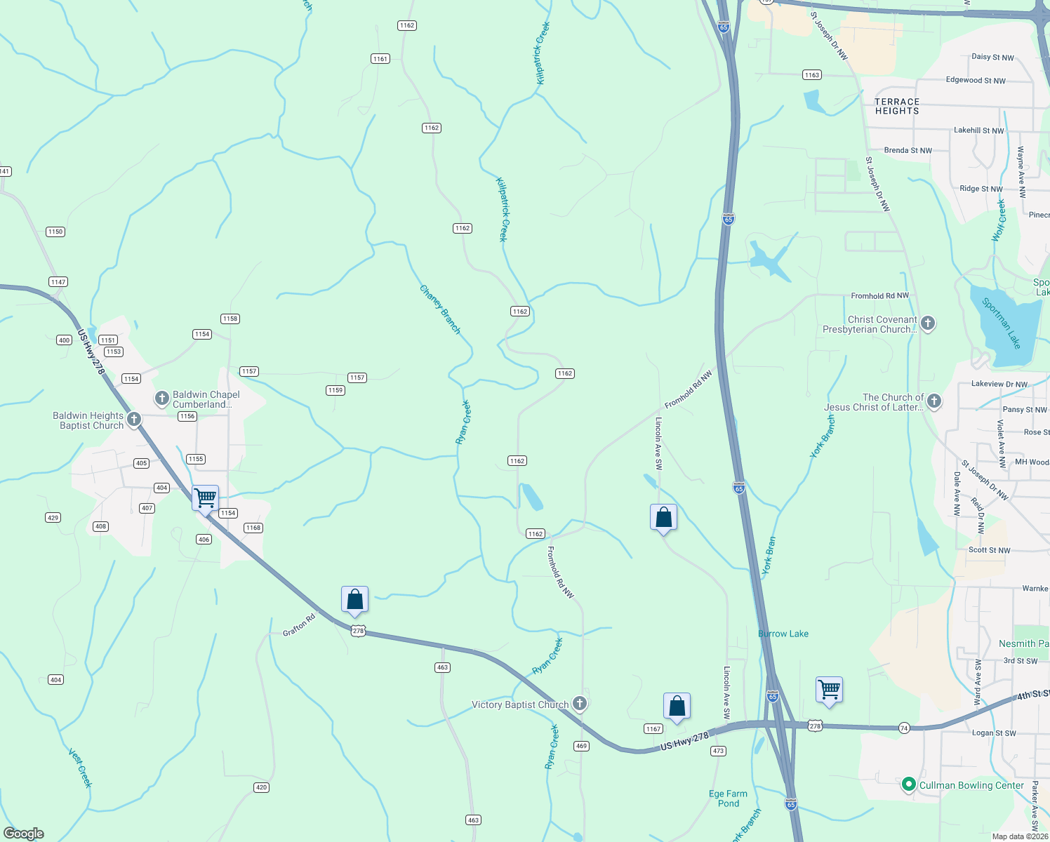 map of restaurants, bars, coffee shops, grocery stores, and more near 516 County Road 1162 in Cullman