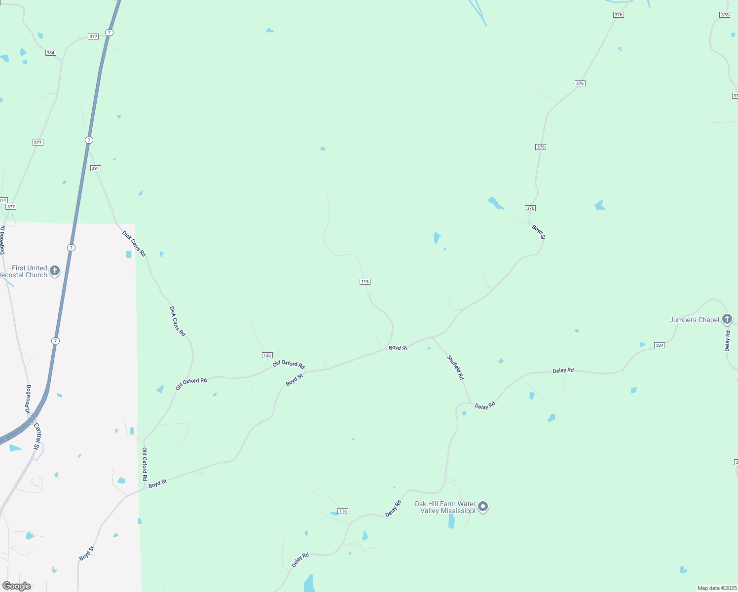 map of restaurants, bars, coffee shops, grocery stores, and more near County Road 115 in Water Valley