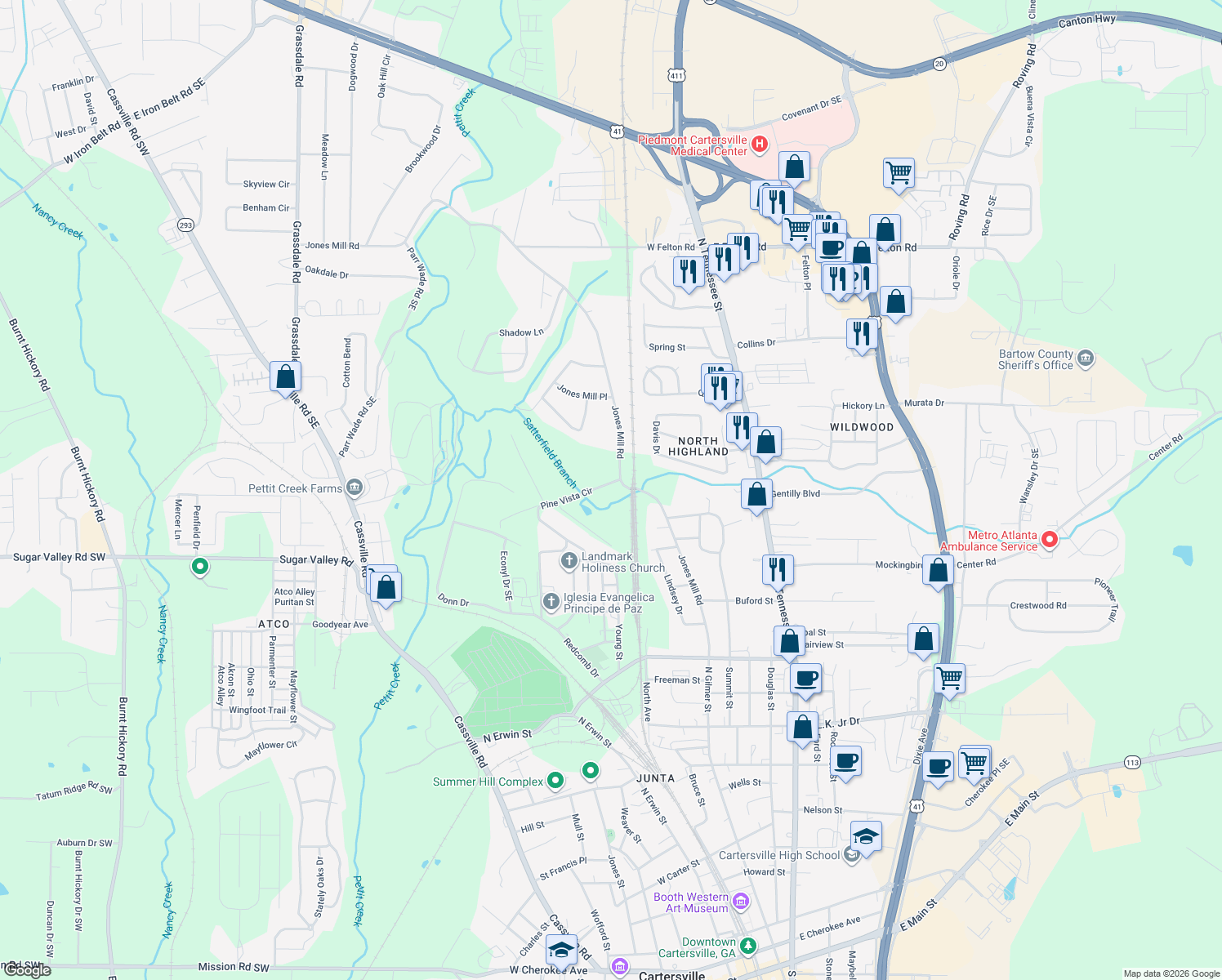 map of restaurants, bars, coffee shops, grocery stores, and more near 117 Pine Vista Cir in Cartersville