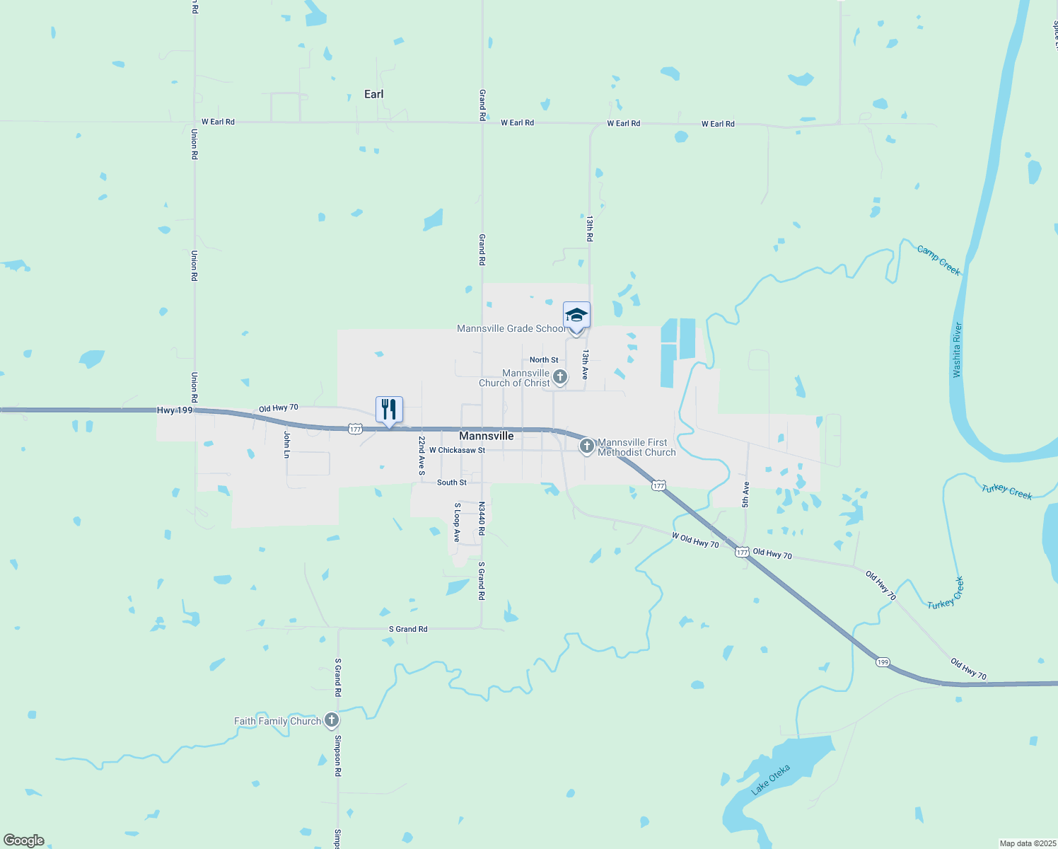 map of restaurants, bars, coffee shops, grocery stores, and more near 303 West Broadway in Mannsville