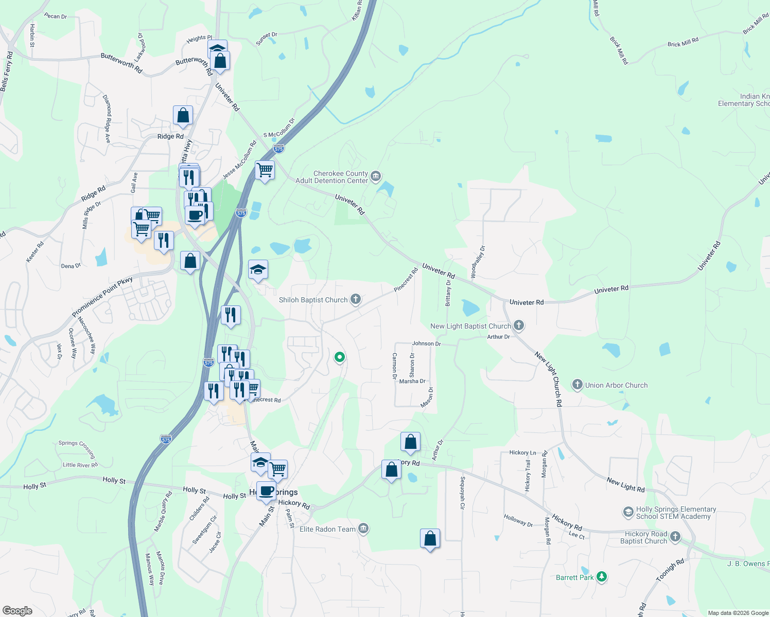 map of restaurants, bars, coffee shops, grocery stores, and more near 201 Taylors Farm Dr in Canton