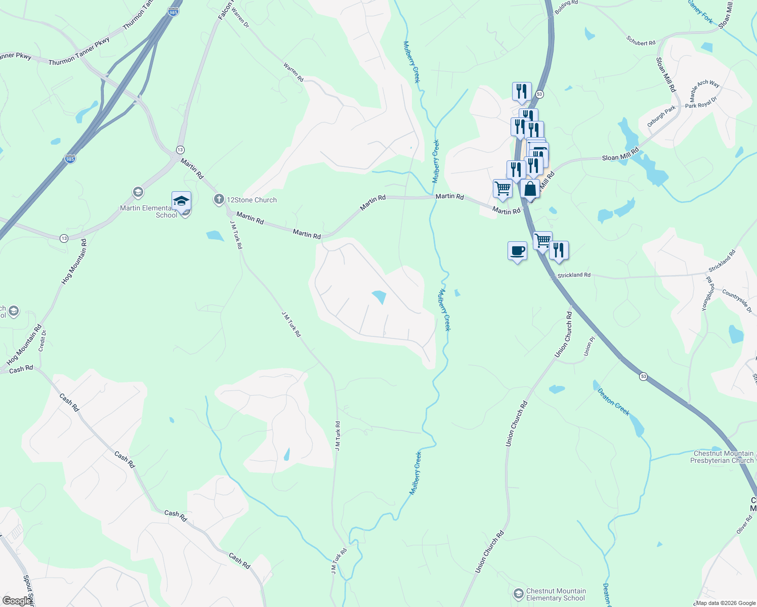 map of restaurants, bars, coffee shops, grocery stores, and more near 4776 Falling Brook Drive in Flowery Branch