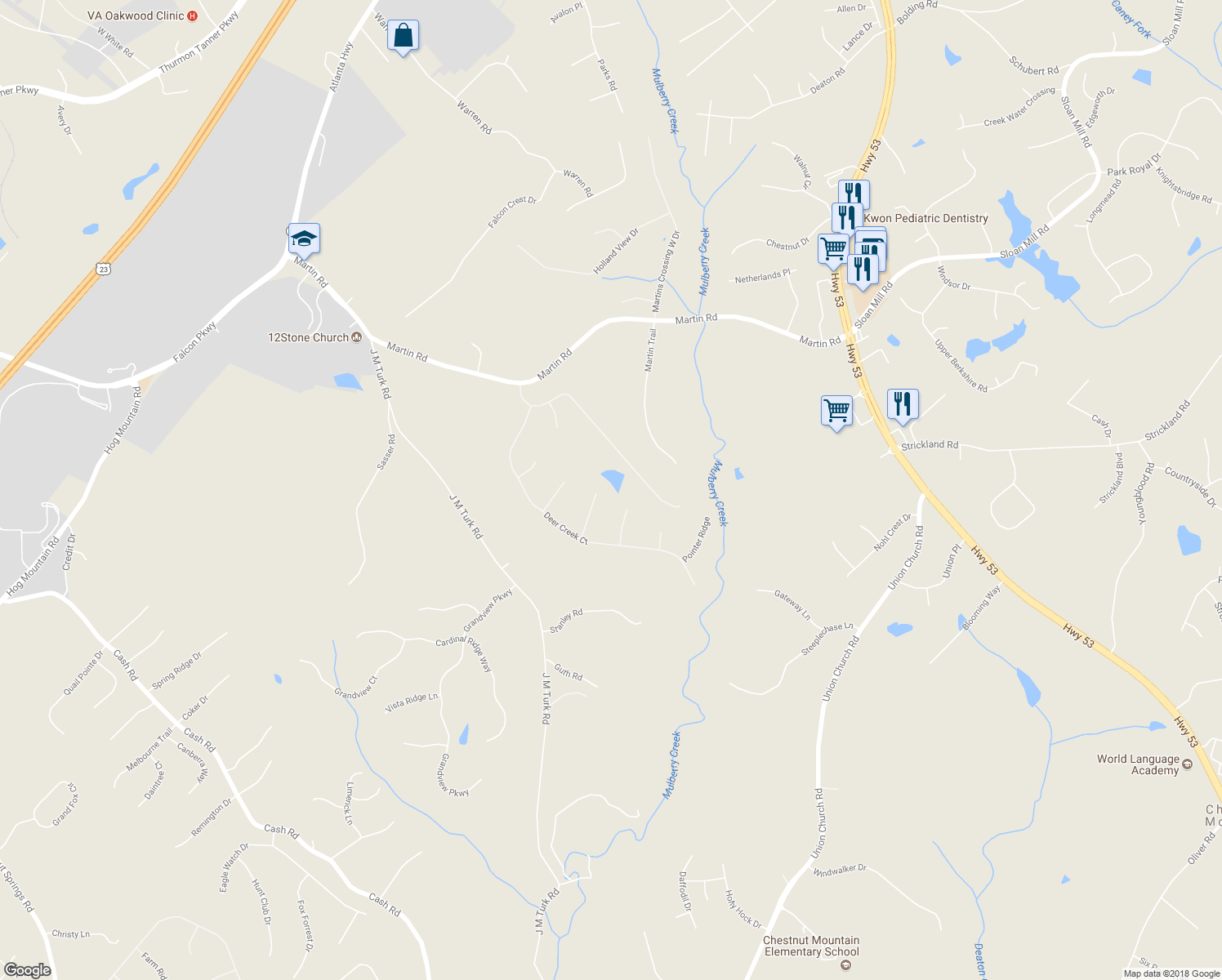 map of restaurants, bars, coffee shops, grocery stores, and more near 4776 Falling Brook Drive in Flowery Branch
