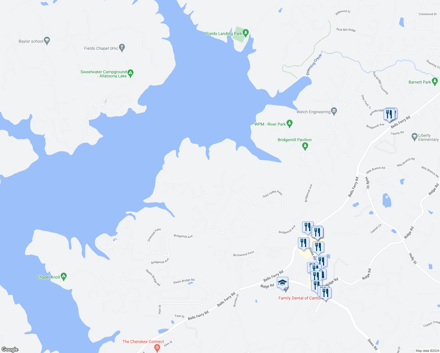 map of restaurants, bars, coffee shops, grocery stores, and more near 133 Misty Valley Drive in Canton