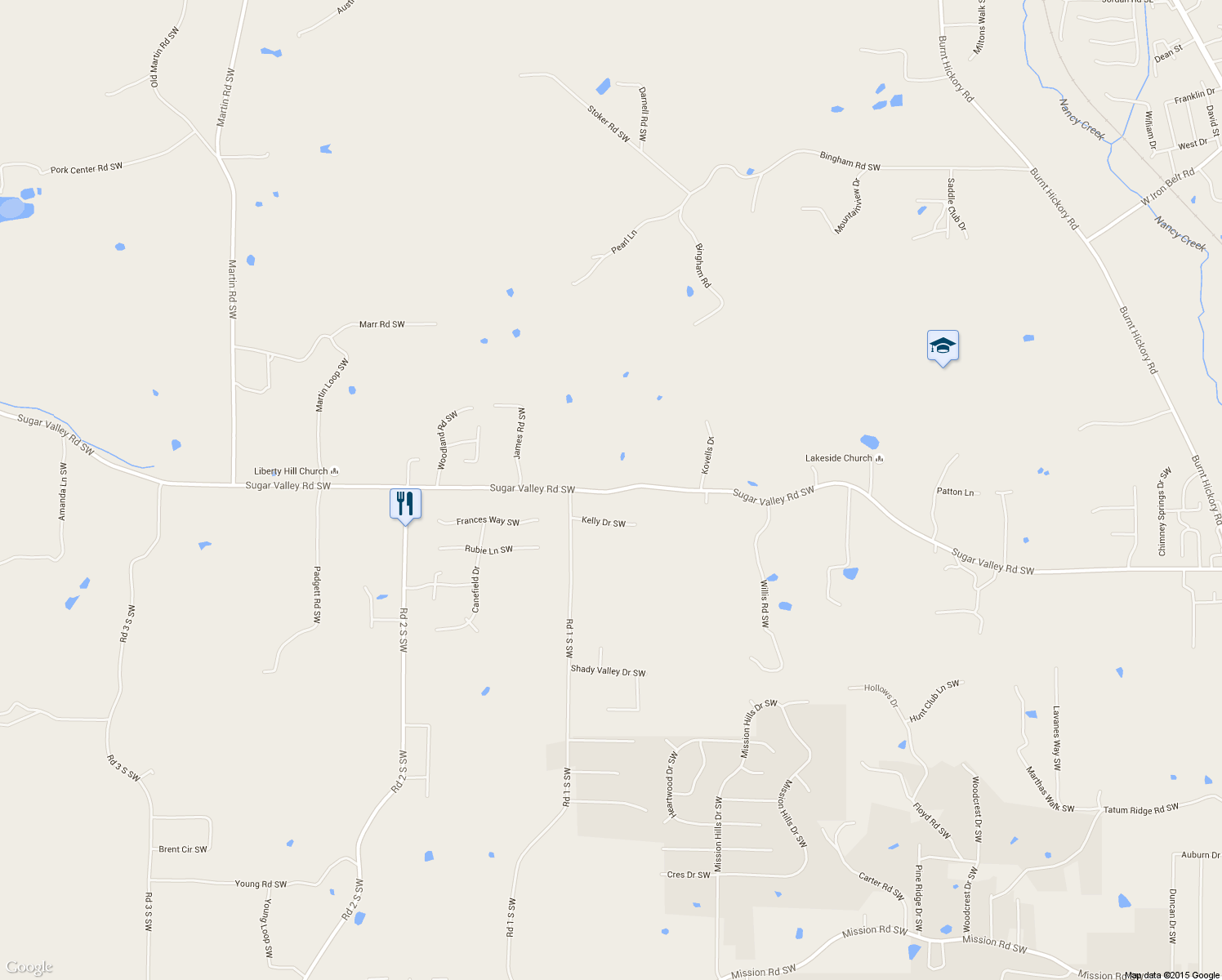 map of restaurants, bars, coffee shops, grocery stores, and more near 866 Sugar Valley Road Southwest in Cartersville