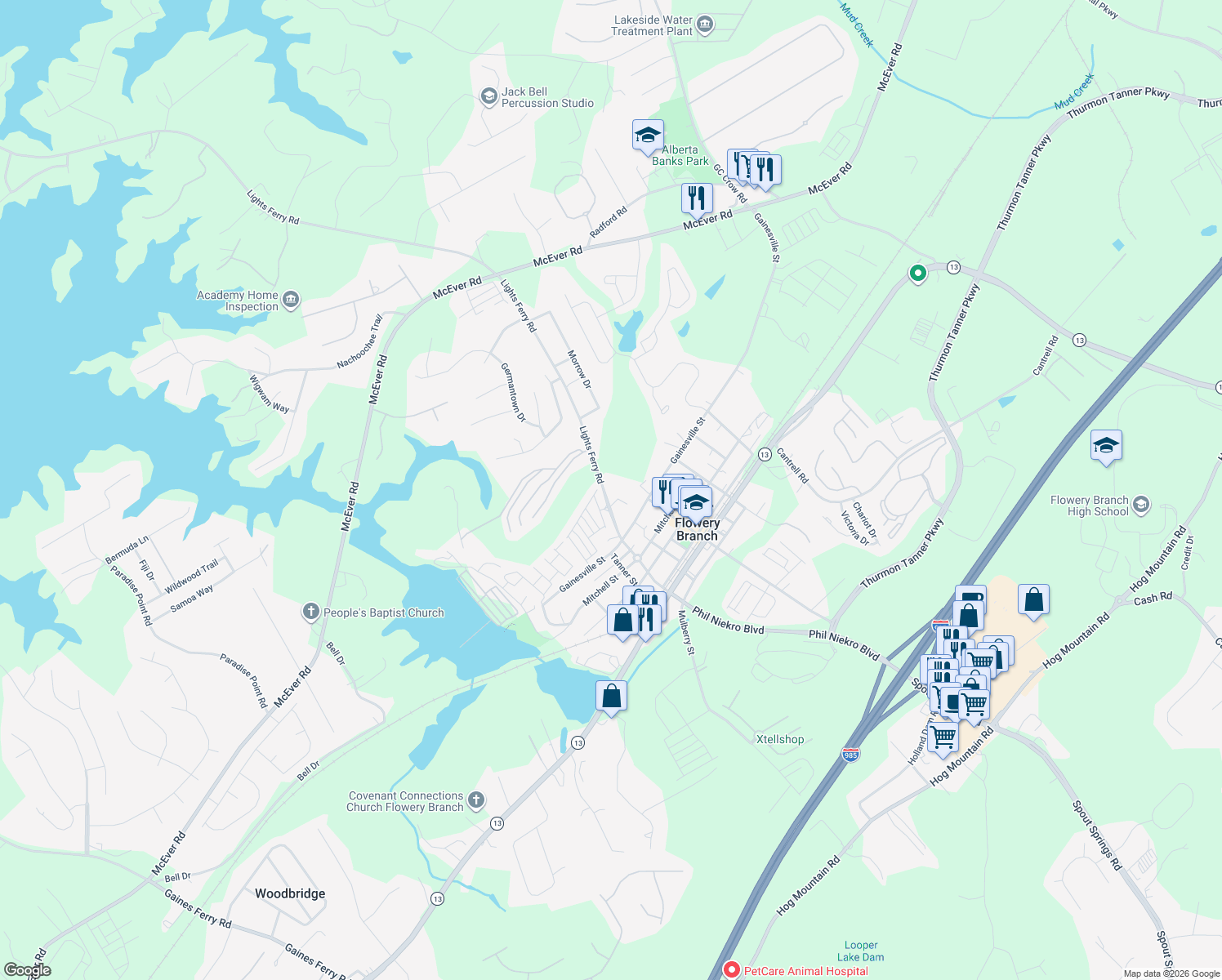 map of restaurants, bars, coffee shops, grocery stores, and more near 5940 Lights Ferry Rd in Flowery Branch