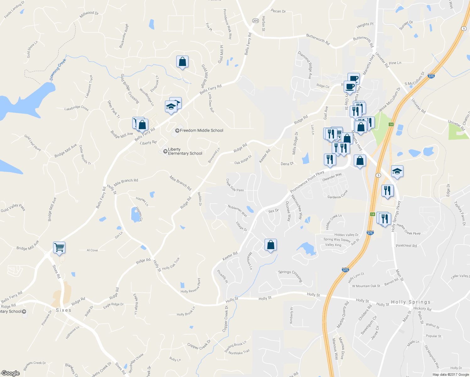 map of restaurants, bars, coffee shops, grocery stores, and more near 204 Creekside Pass in Canton