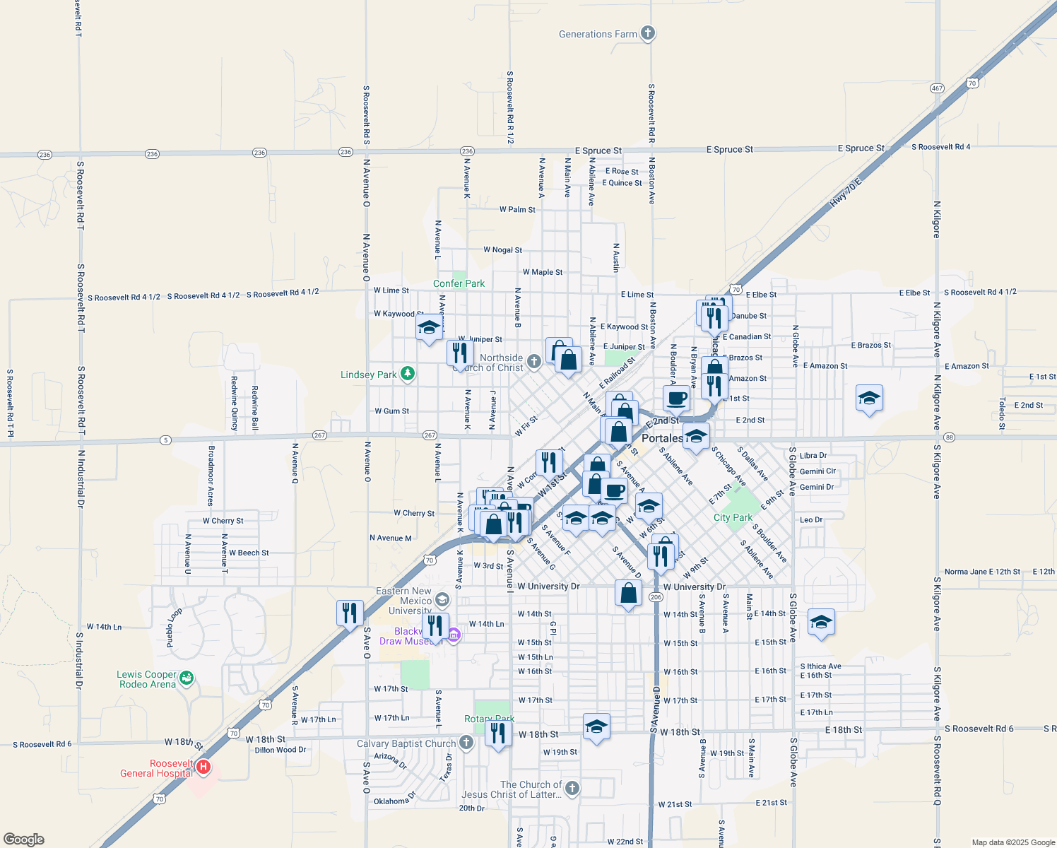 map of restaurants, bars, coffee shops, grocery stores, and more near 404 West Fir Street in Portales