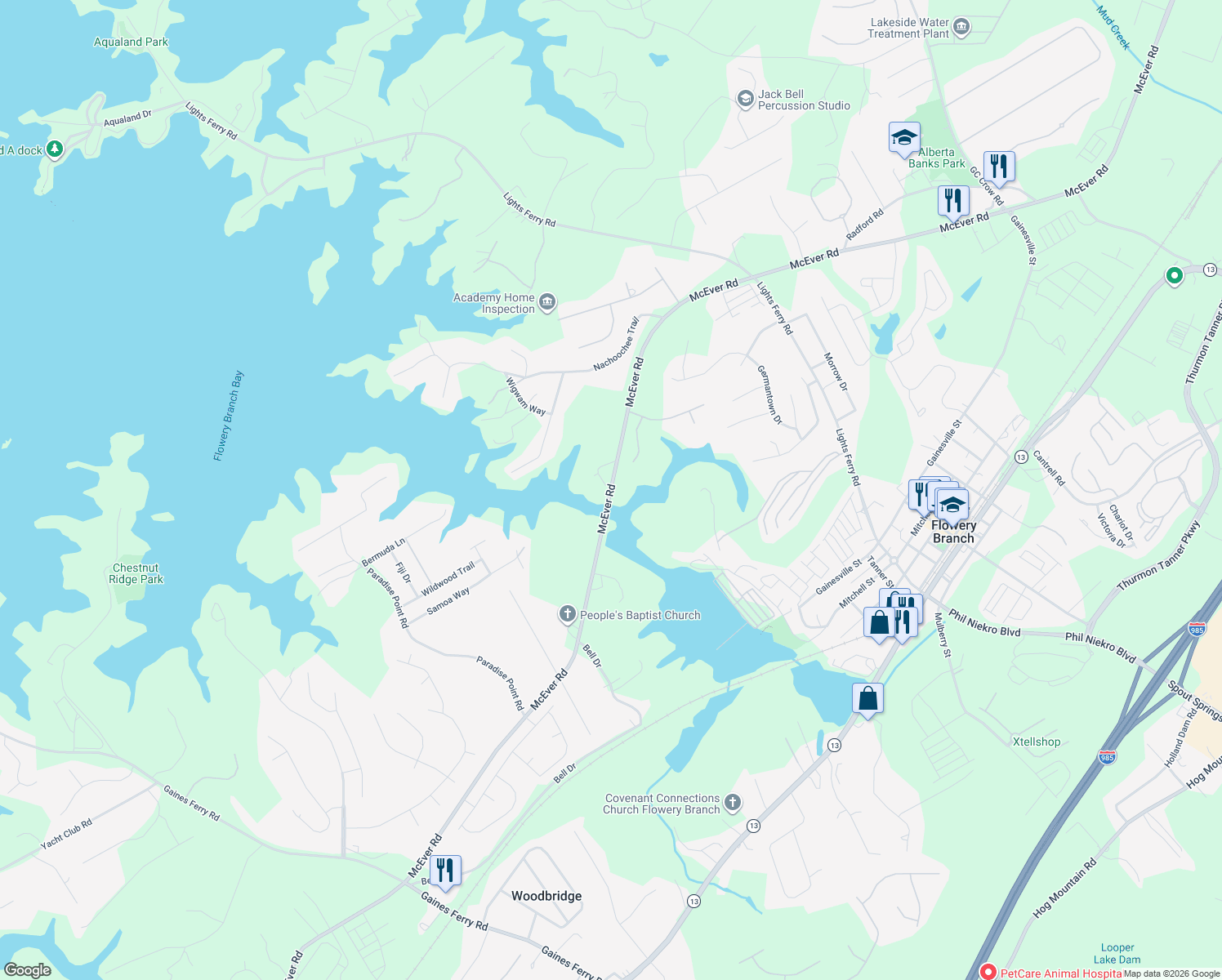 map of restaurants, bars, coffee shops, grocery stores, and more near McEver Rd in Flowery Branch