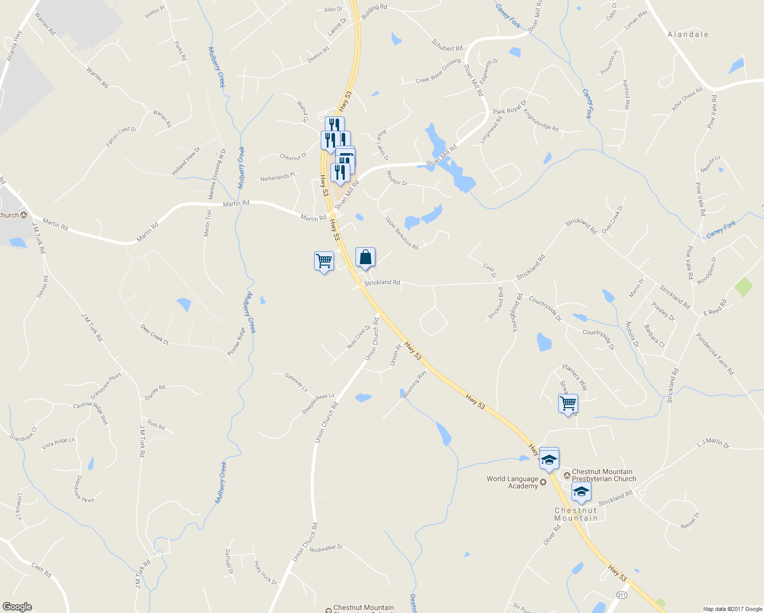 map of restaurants, bars, coffee shops, grocery stores, and more near 4415 Winder Highway in Flowery Branch