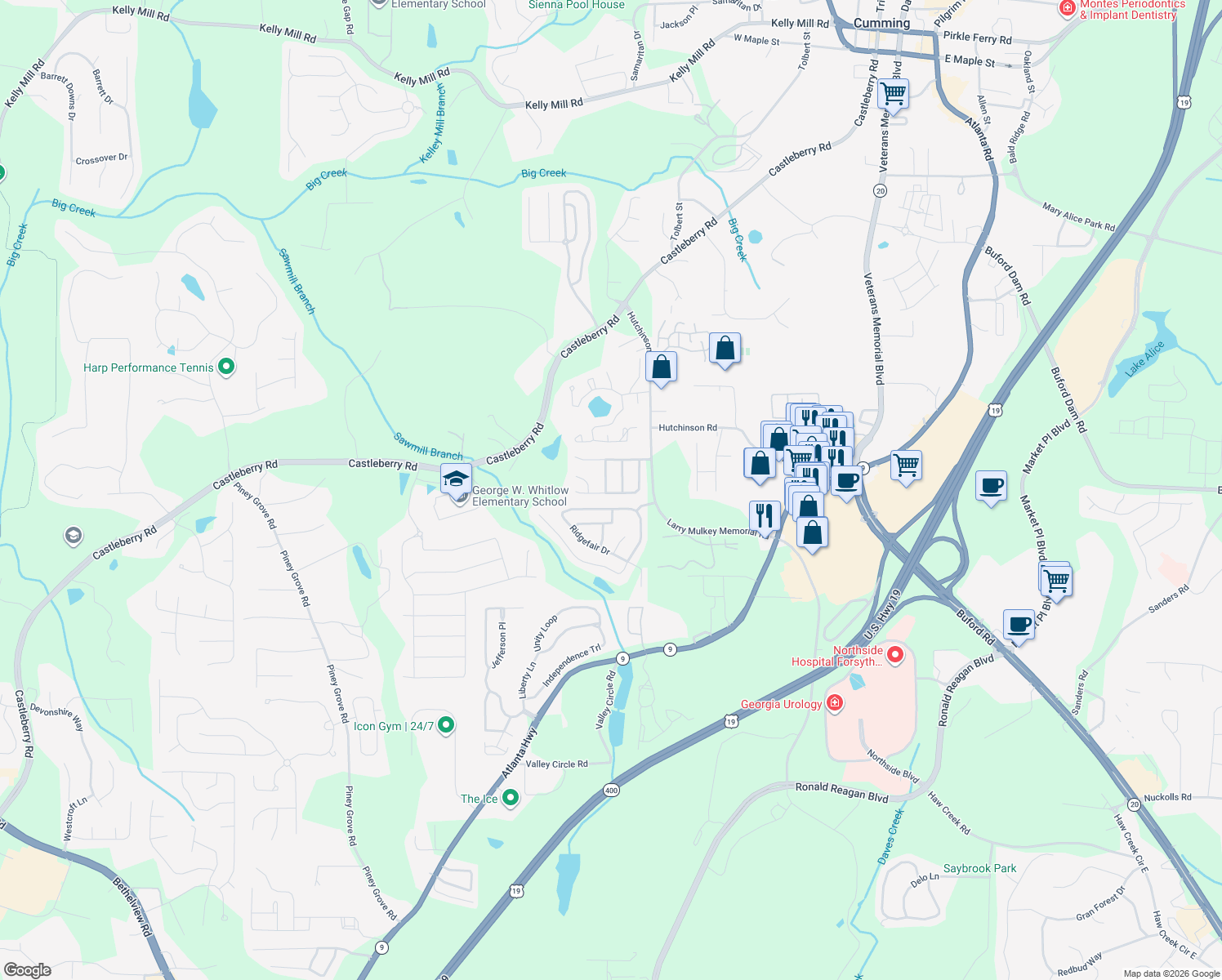 map of restaurants, bars, coffee shops, grocery stores, and more near 3917 Deerborne Dr in Cumming