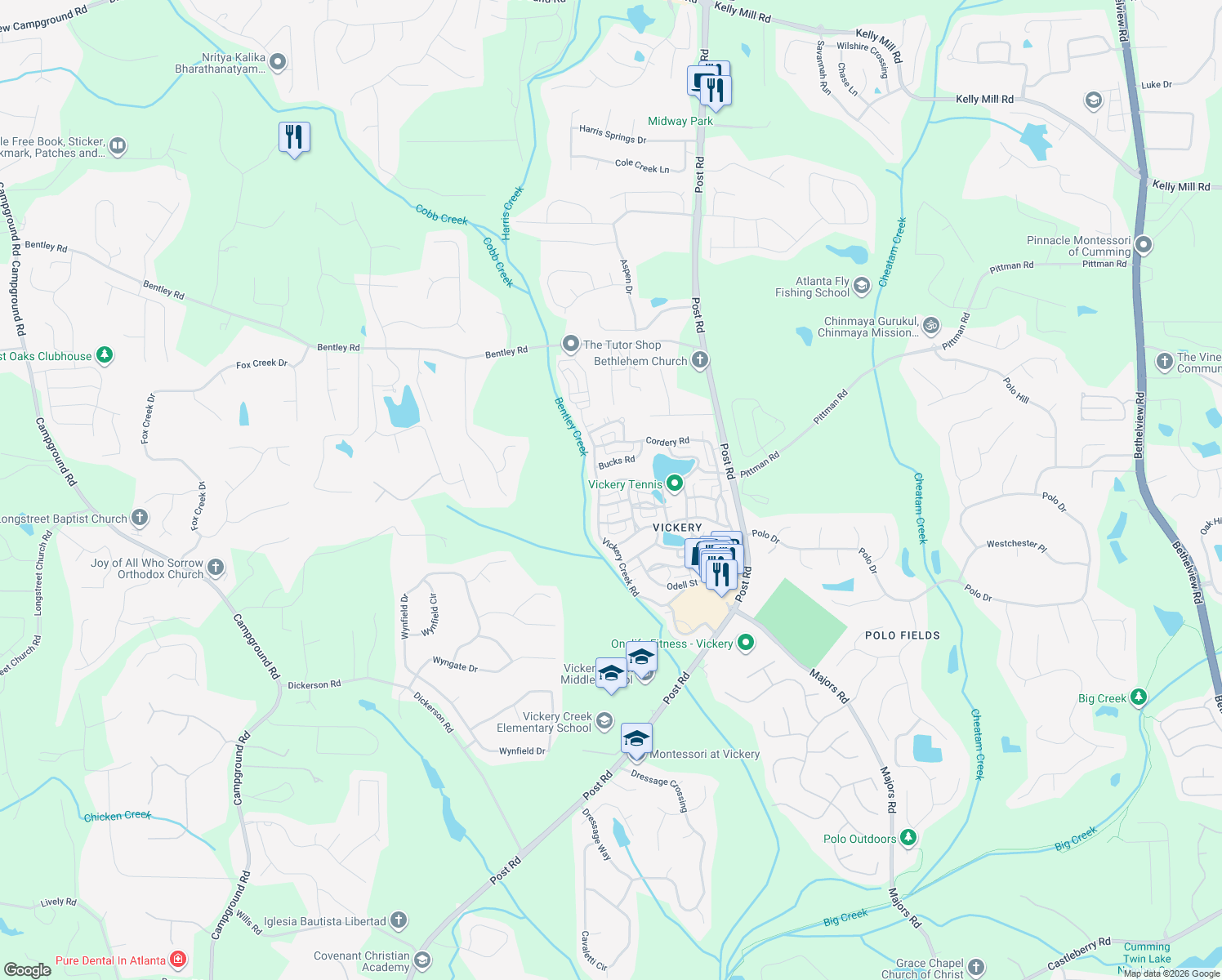 map of restaurants, bars, coffee shops, grocery stores, and more near 6730 Lullwater Rd in Cumming