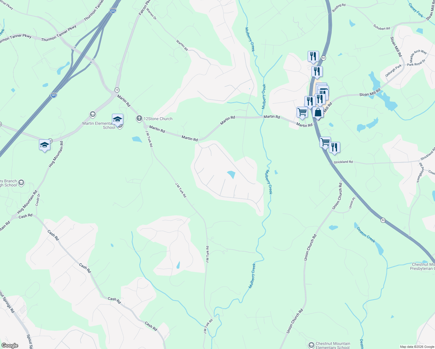 map of restaurants, bars, coffee shops, grocery stores, and more near 4672 Windswept Way in Flowery Branch