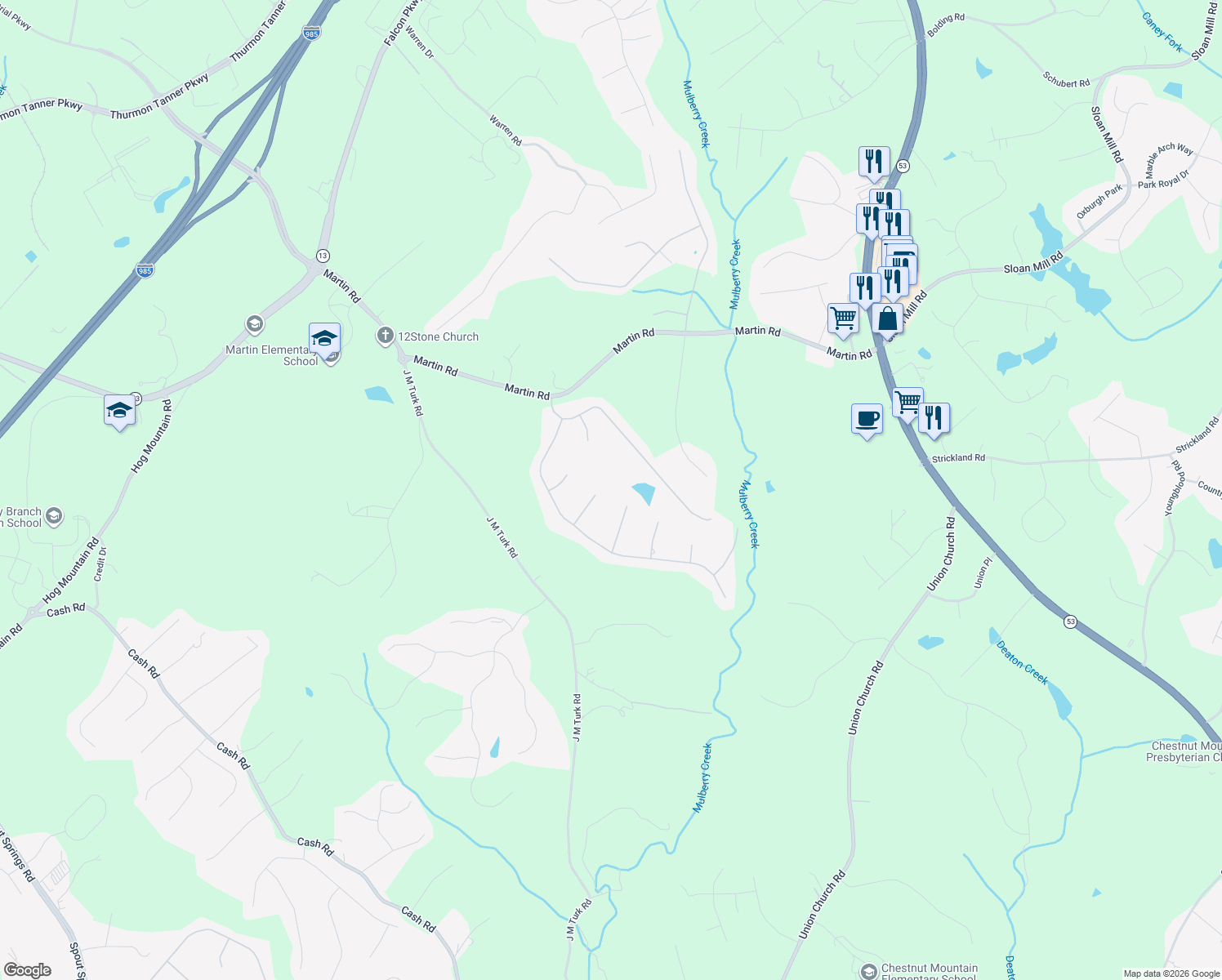 map of restaurants, bars, coffee shops, grocery stores, and more near 4672 Windswept Way in Flowery Branch