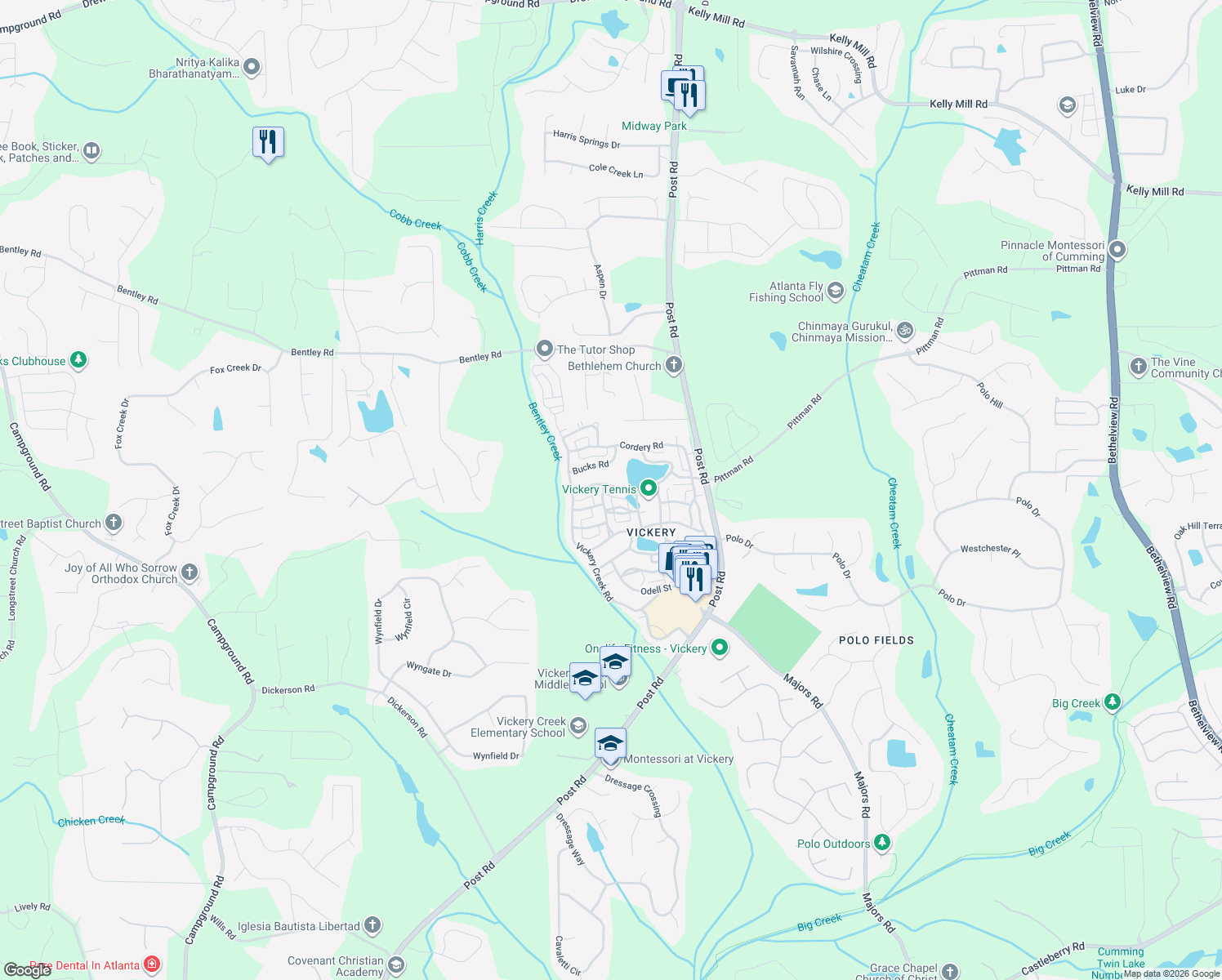 map of restaurants, bars, coffee shops, grocery stores, and more near 6820 Lullwater Rd in Cumming