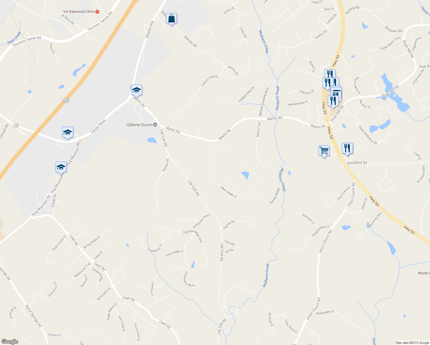 map of restaurants, bars, coffee shops, grocery stores, and more near Wingfield Way in Flowery Branch