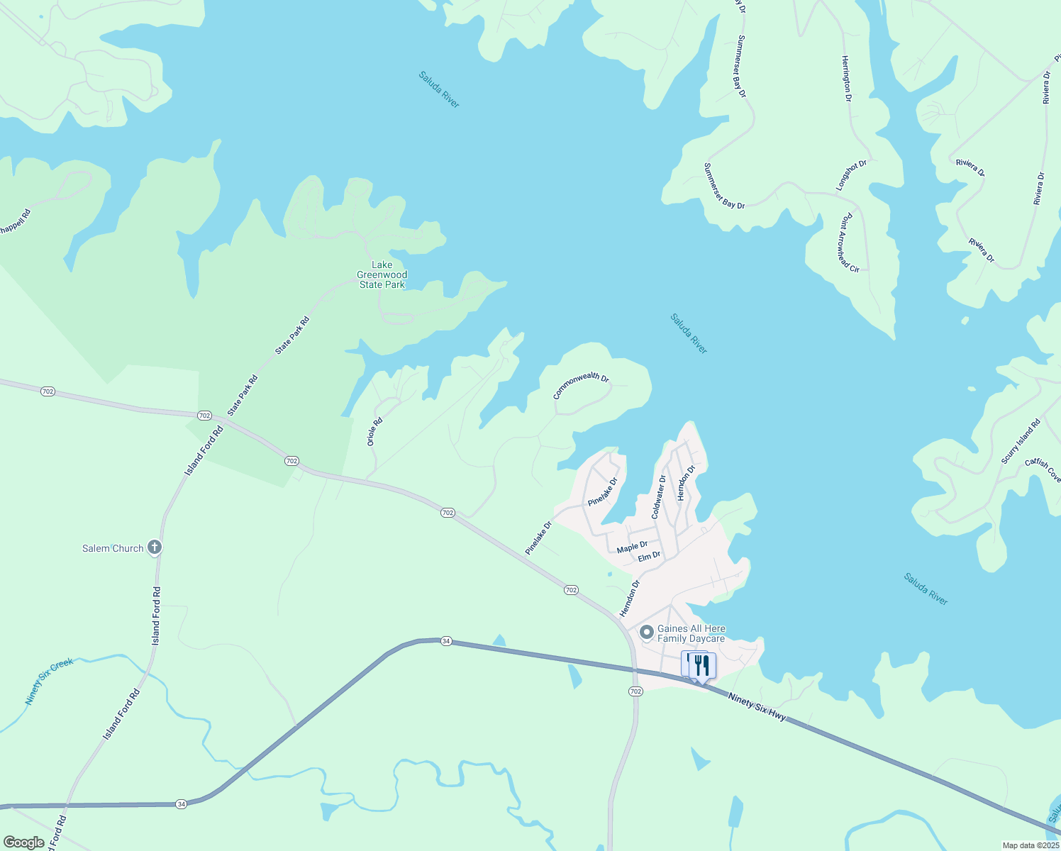 map of restaurants, bars, coffee shops, grocery stores, and more near 217 Commonwealth Drive in Ninety Six