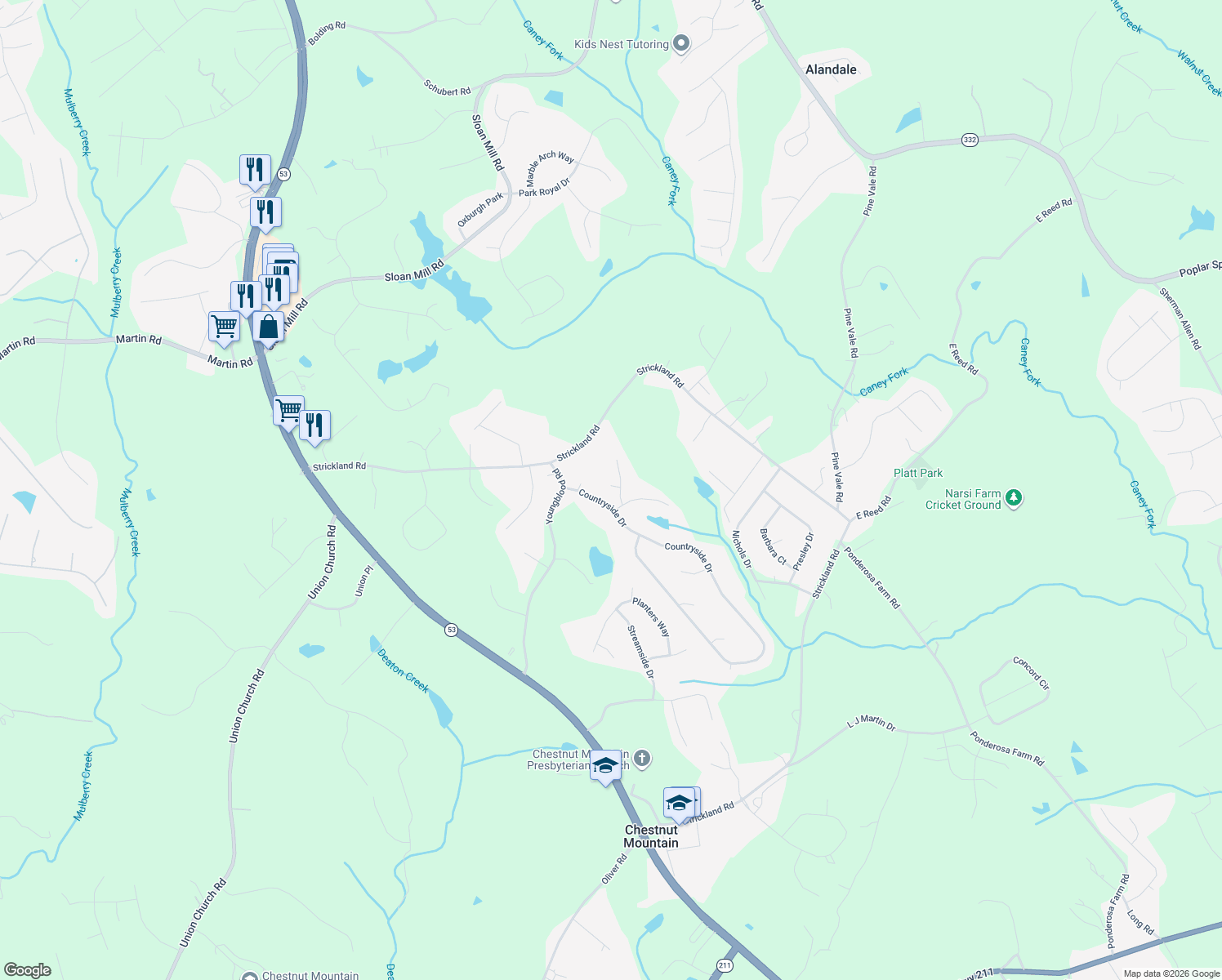 map of restaurants, bars, coffee shops, grocery stores, and more near 4605 Villager Trail in Flowery Branch
