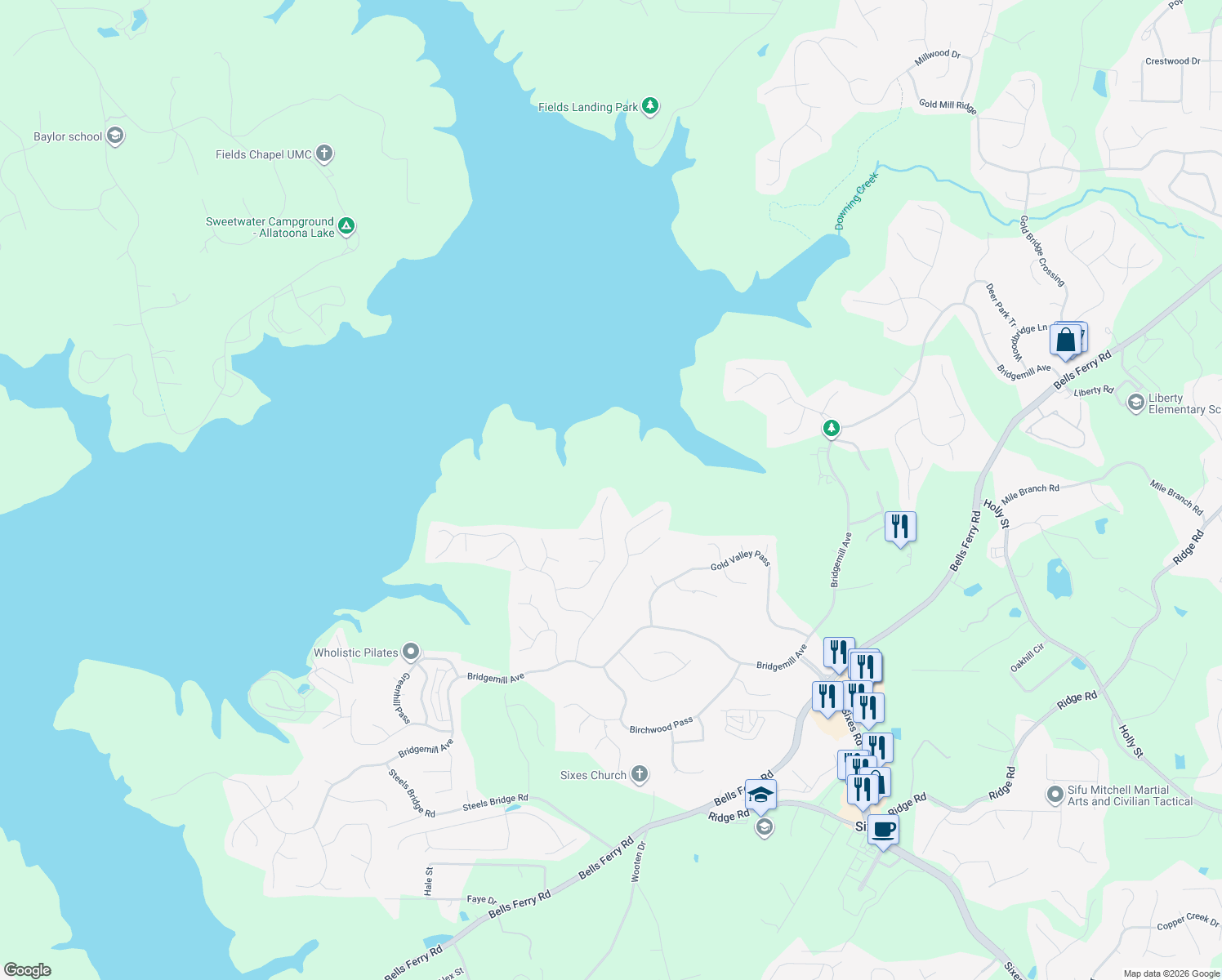map of restaurants, bars, coffee shops, grocery stores, and more near 148 Misty Valley Drive in Canton