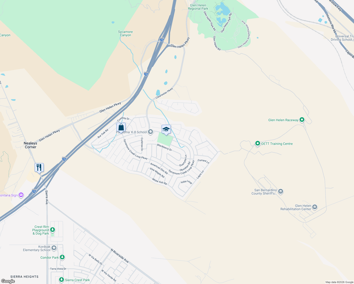 map of restaurants, bars, coffee shops, grocery stores, and more near 4031 Obsidian Road in San Bernardino