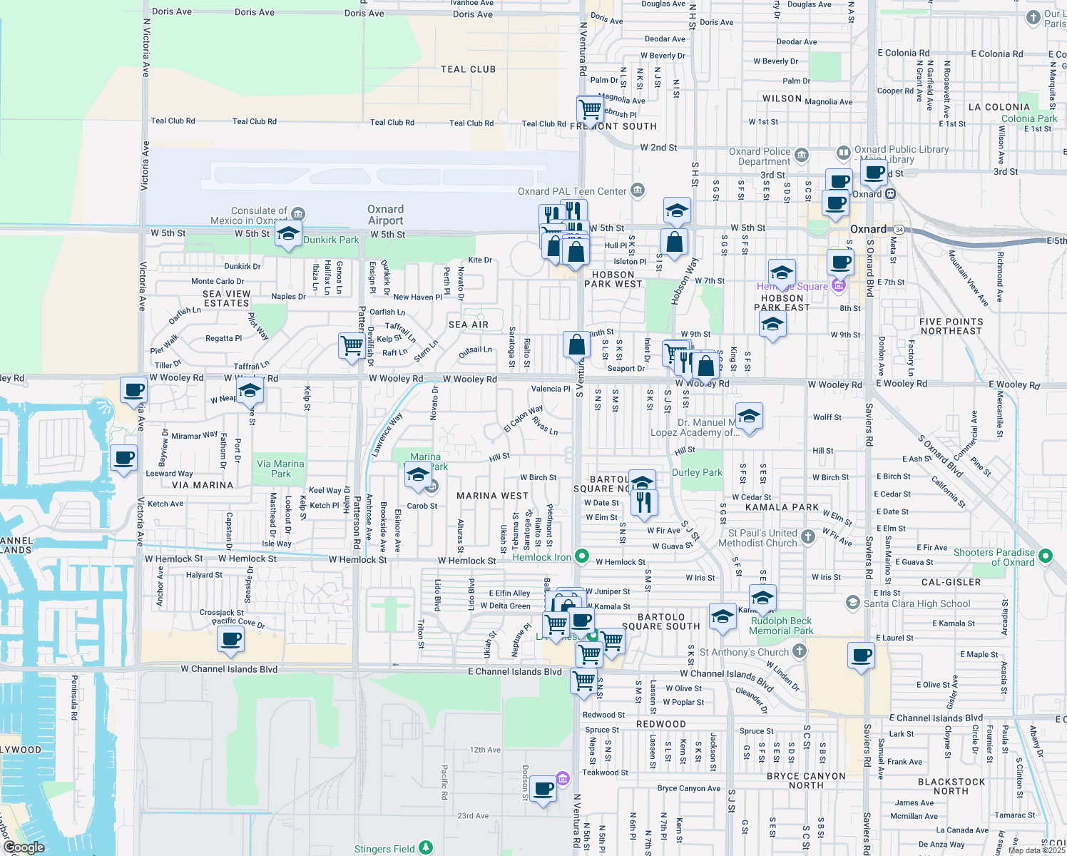 map of restaurants, bars, coffee shops, grocery stores, and more near 1725 Rivas Ln in Oxnard