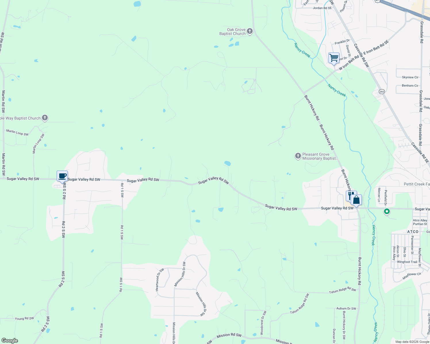 map of restaurants, bars, coffee shops, grocery stores, and more near 656 Sugar Valley Rd SW in Cartersville