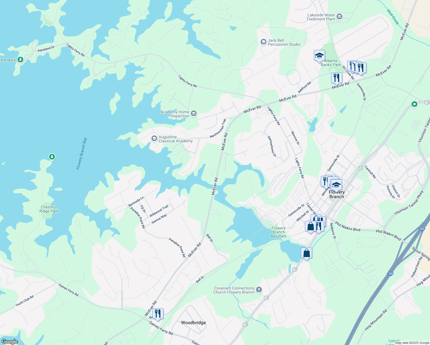 map of restaurants, bars, coffee shops, grocery stores, and more near 6026 McEver Road in Flowery Branch