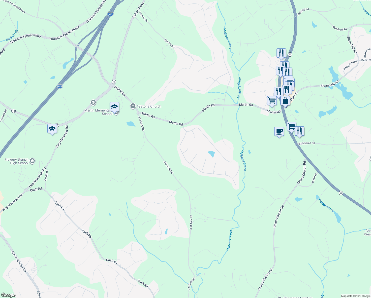 map of restaurants, bars, coffee shops, grocery stores, and more near 4573 Wingfield Way in Flowery Branch